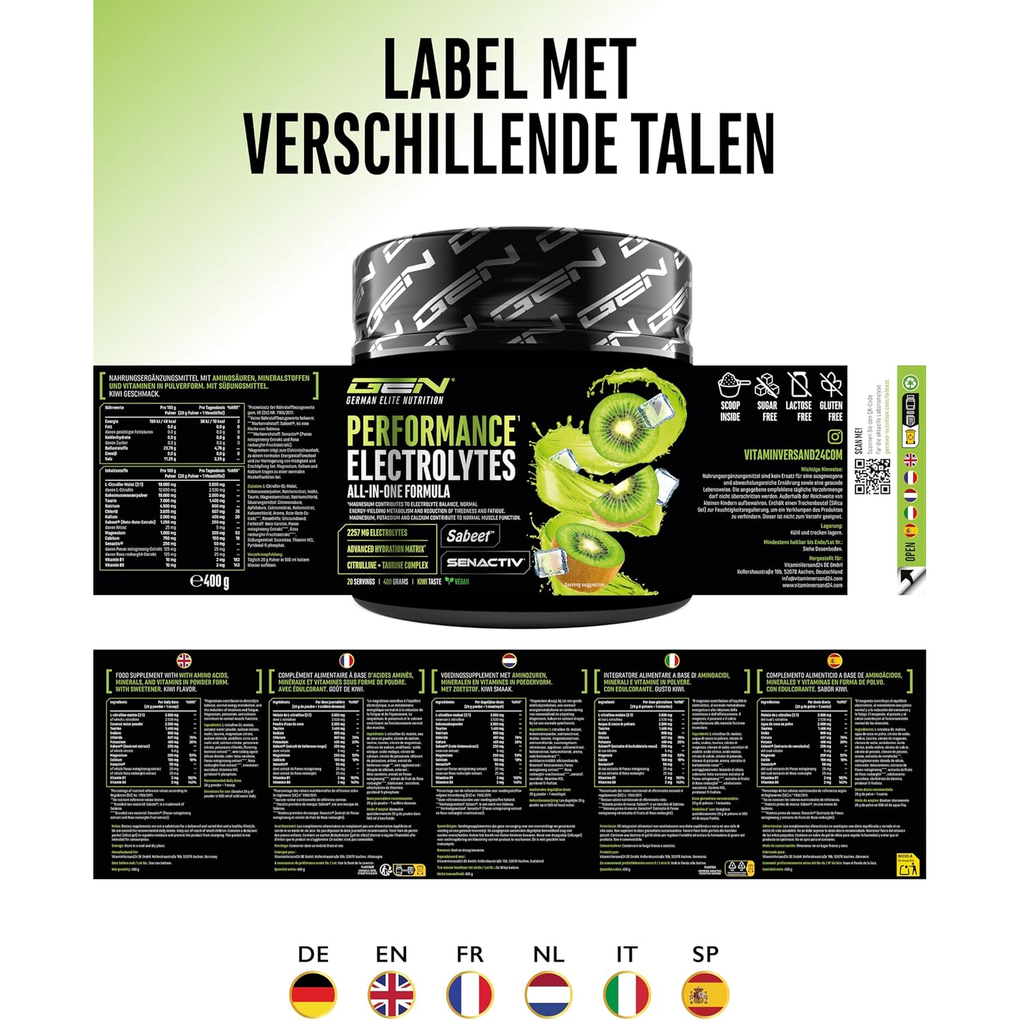 Performance Electrolytes etiket in meerdere talen