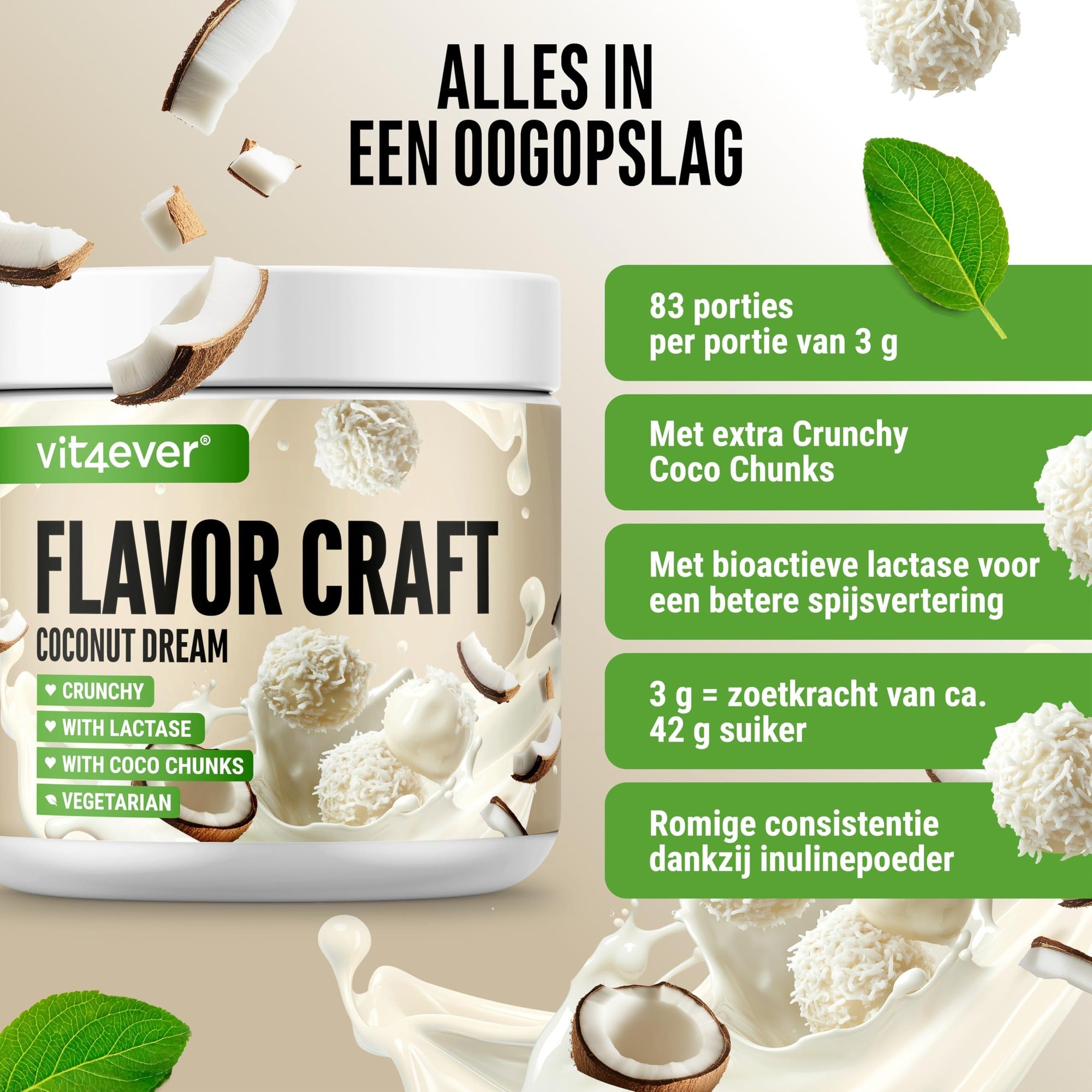 Vit4ever Flavor Craft Kokosdroom 250 g smaakpoeder met 50 porties en romige consistentie