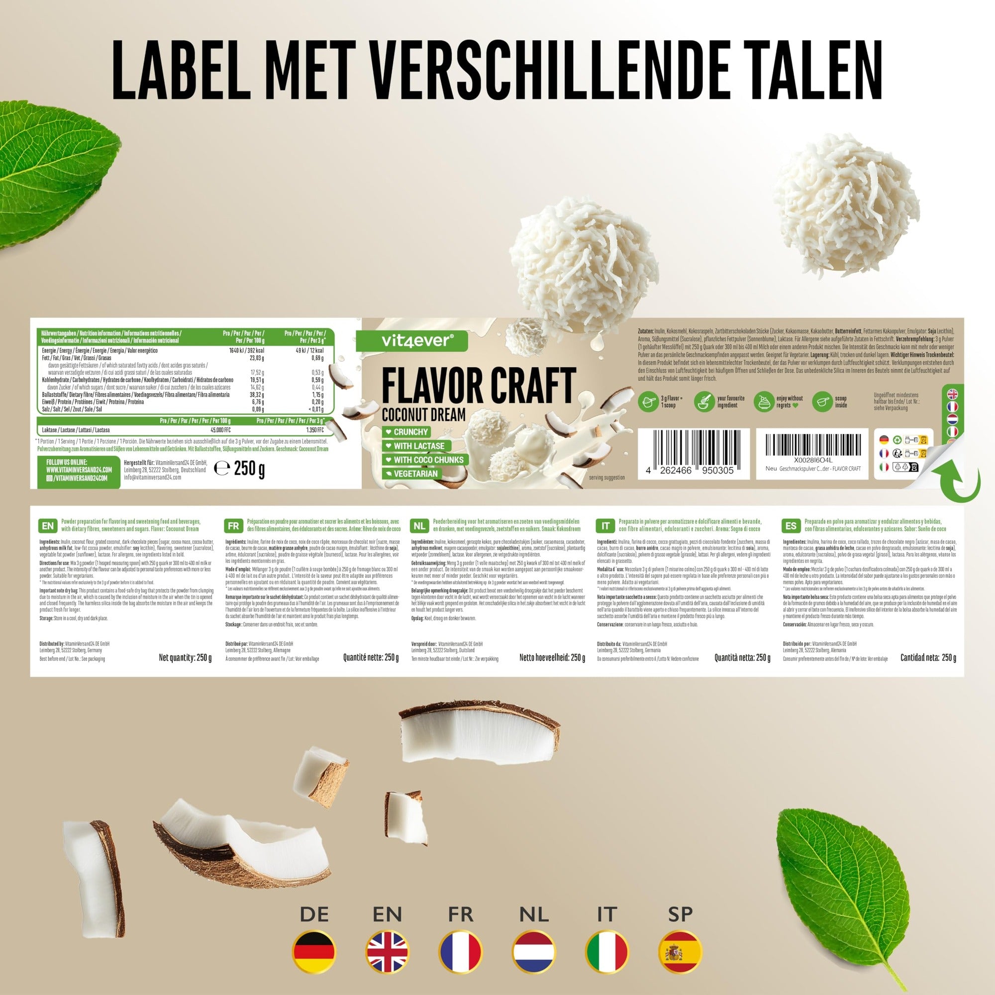 Etiket en ingrediënten Vit4ever Flavor Craft Kokosdroom smaakpoeder 250 g