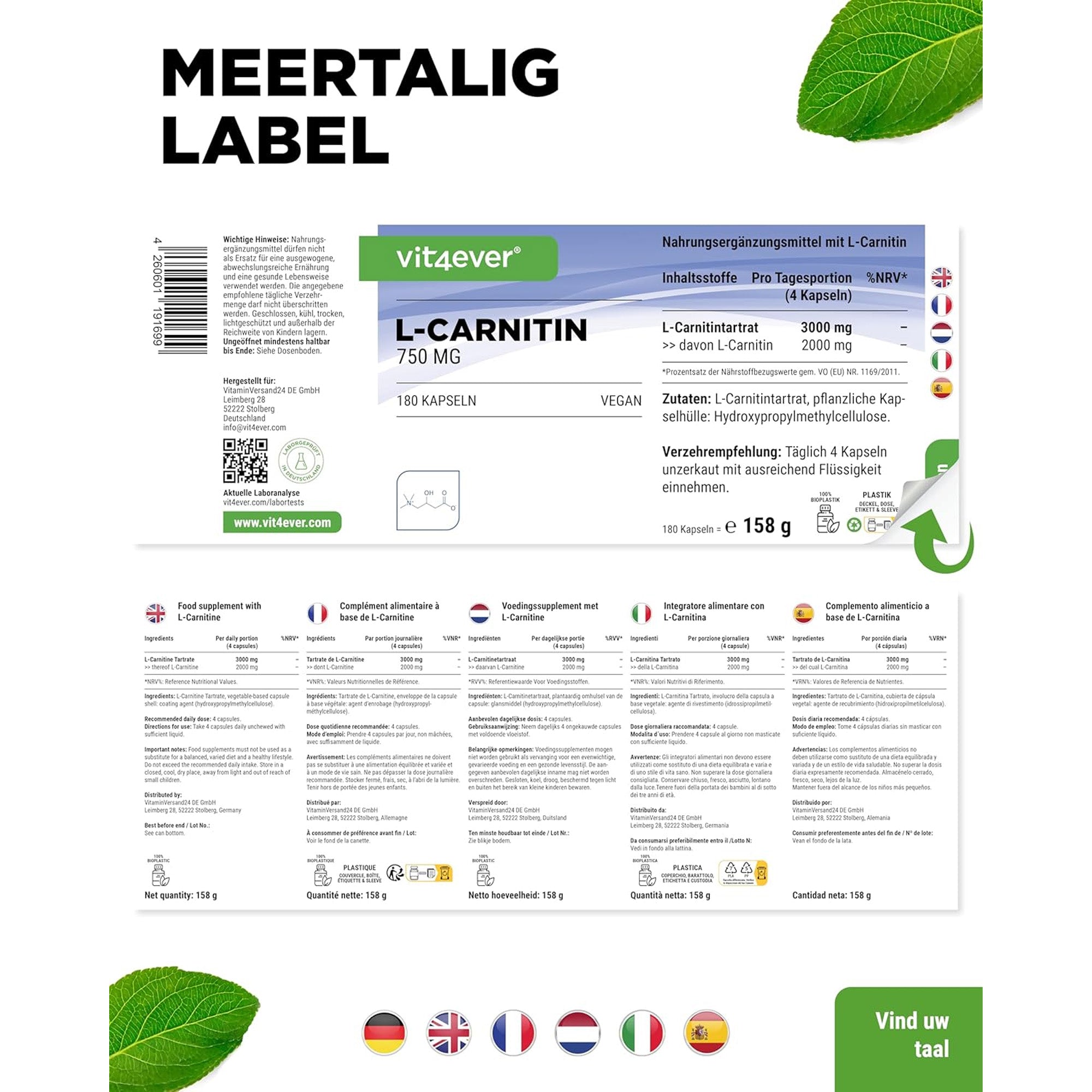 L-Carnitine Tartraat | 3000mg | 180 Capsules | Vit4ever