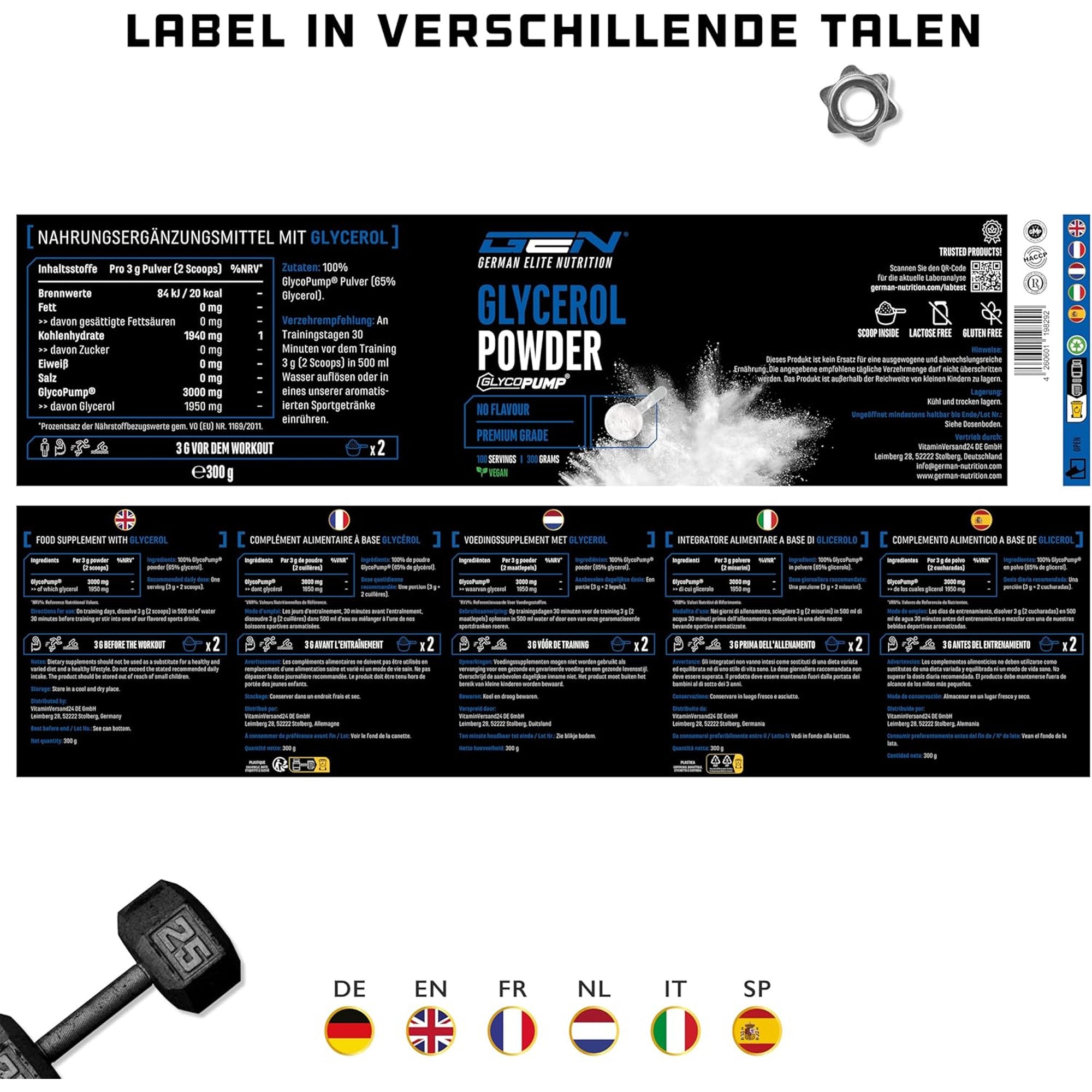 "Meertalige labelinformatie van GlycoPump® glycerol poeder - inclusief gebruiksaanwijzing en voedingswaarden."