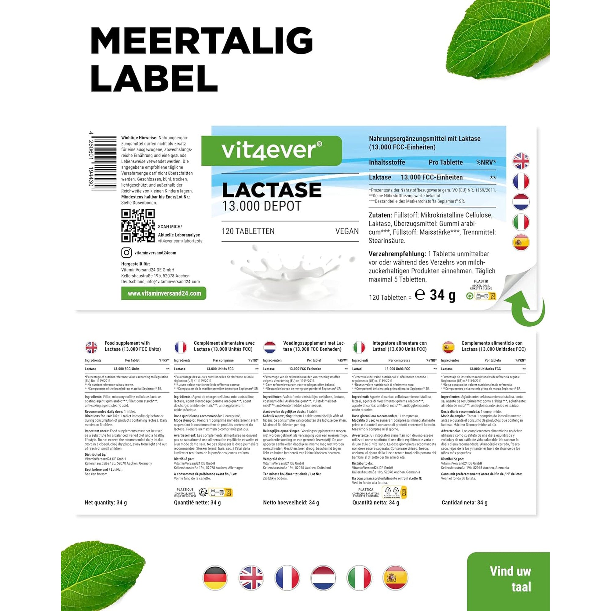 Vit4ever Lactase 13.000 FCC Depot 120 tabletten - meertalig etiket met ingredienten en netto-inhoud 34 gram #Inhoud_120 tabletten