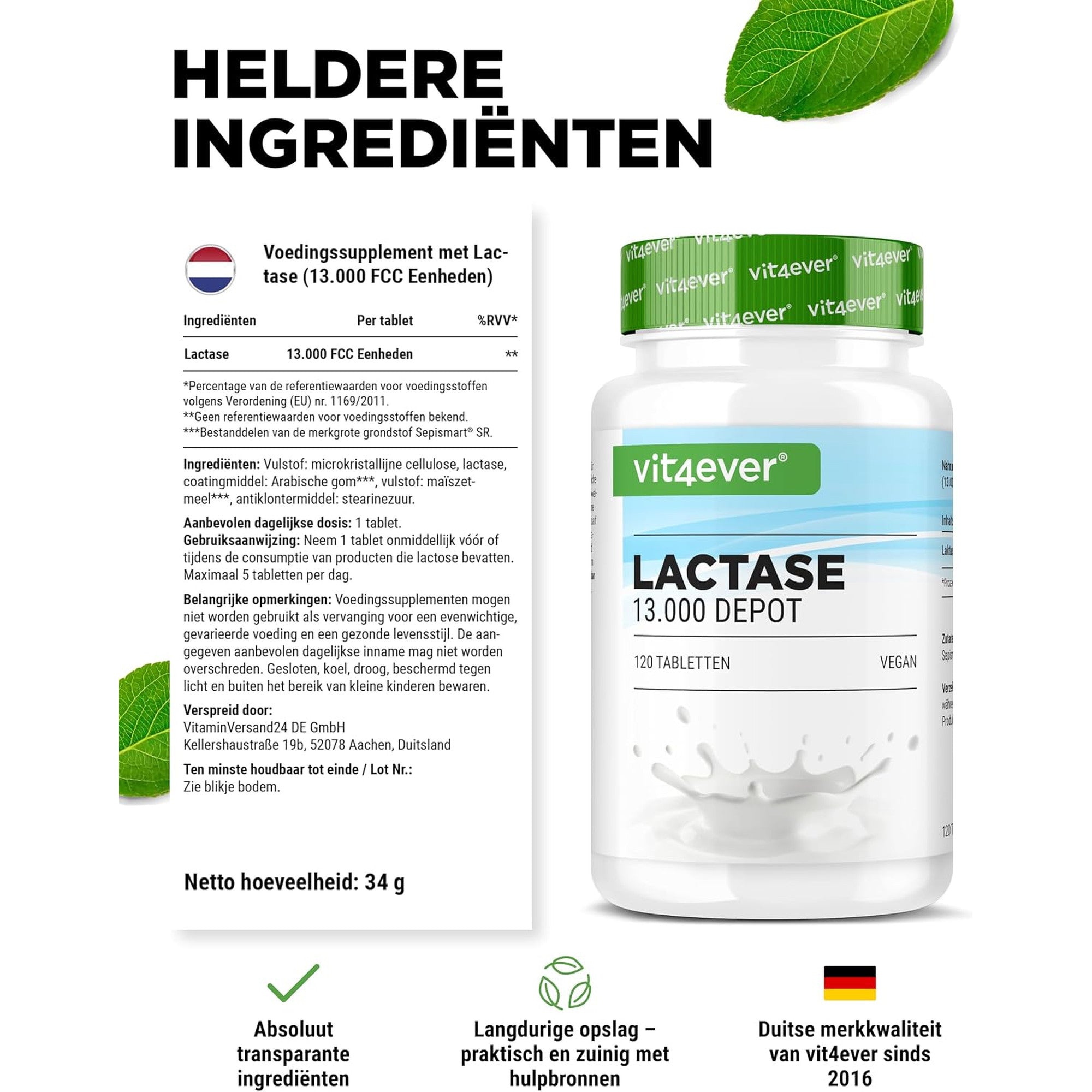 Vit4ever Lactase 13.000 FCC Depot 120 tabletten - ingredienten en netto-inhoud 34 gram #Inhoud_120 tabletten