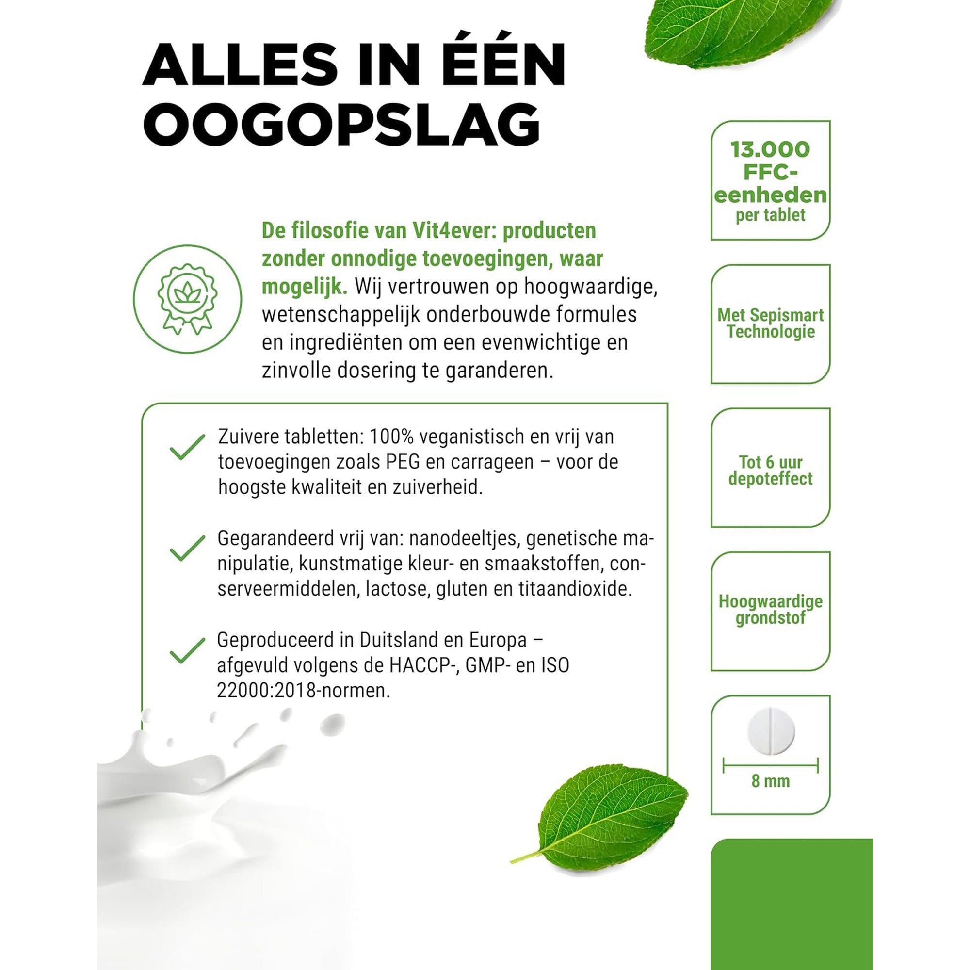Vit4ever Lactase 13.000 FCC Depot 120 tabletten - kenmerken op een rij met Sepismart en 8 mm minitablet #Inhoud_120 tabletten