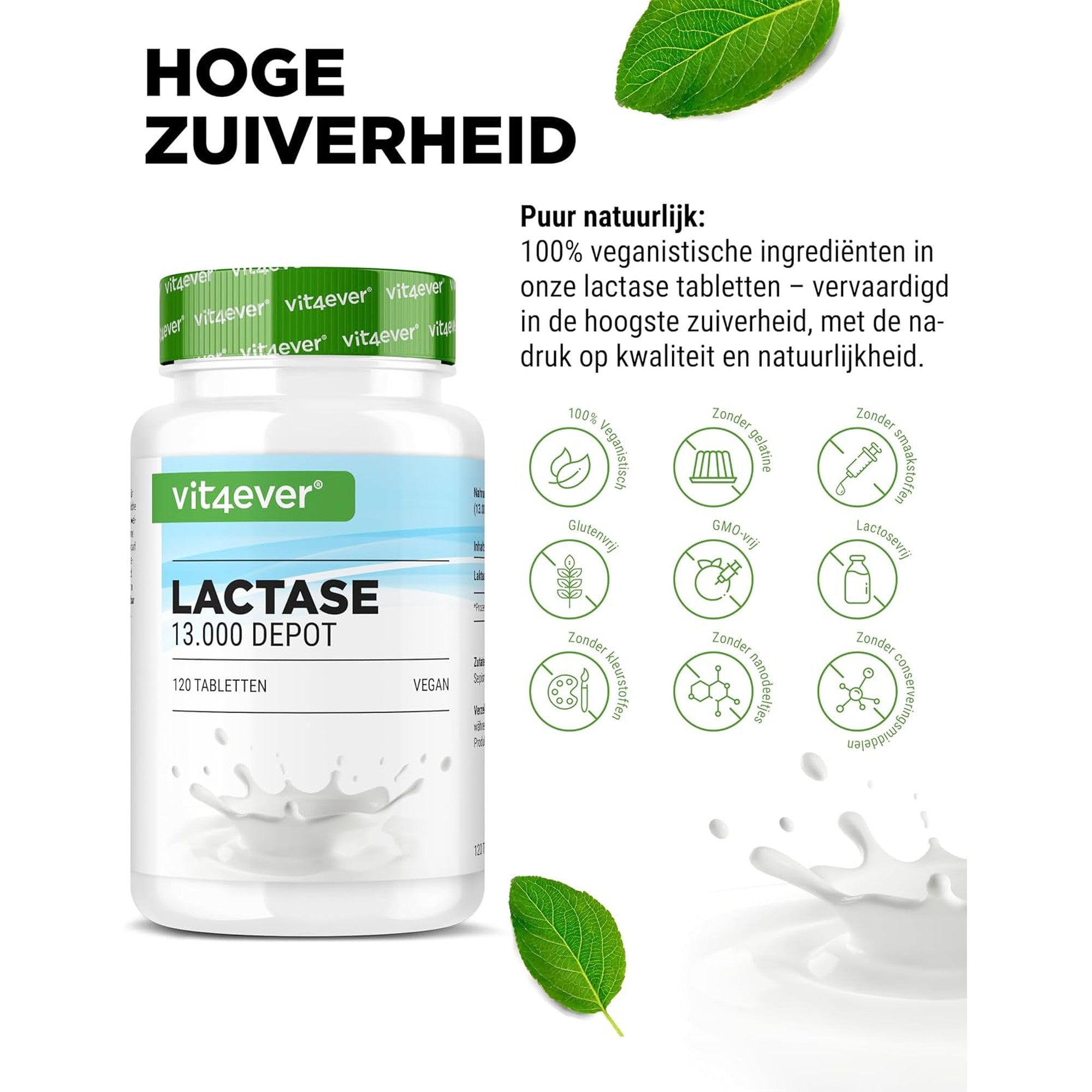 Vit4ever Lactase 13.000 FCC Depot 120 tabletten - vegan, glutenvrij en lactosevrij zonder onnodige toevoegingen #Inhoud_120 tabletten