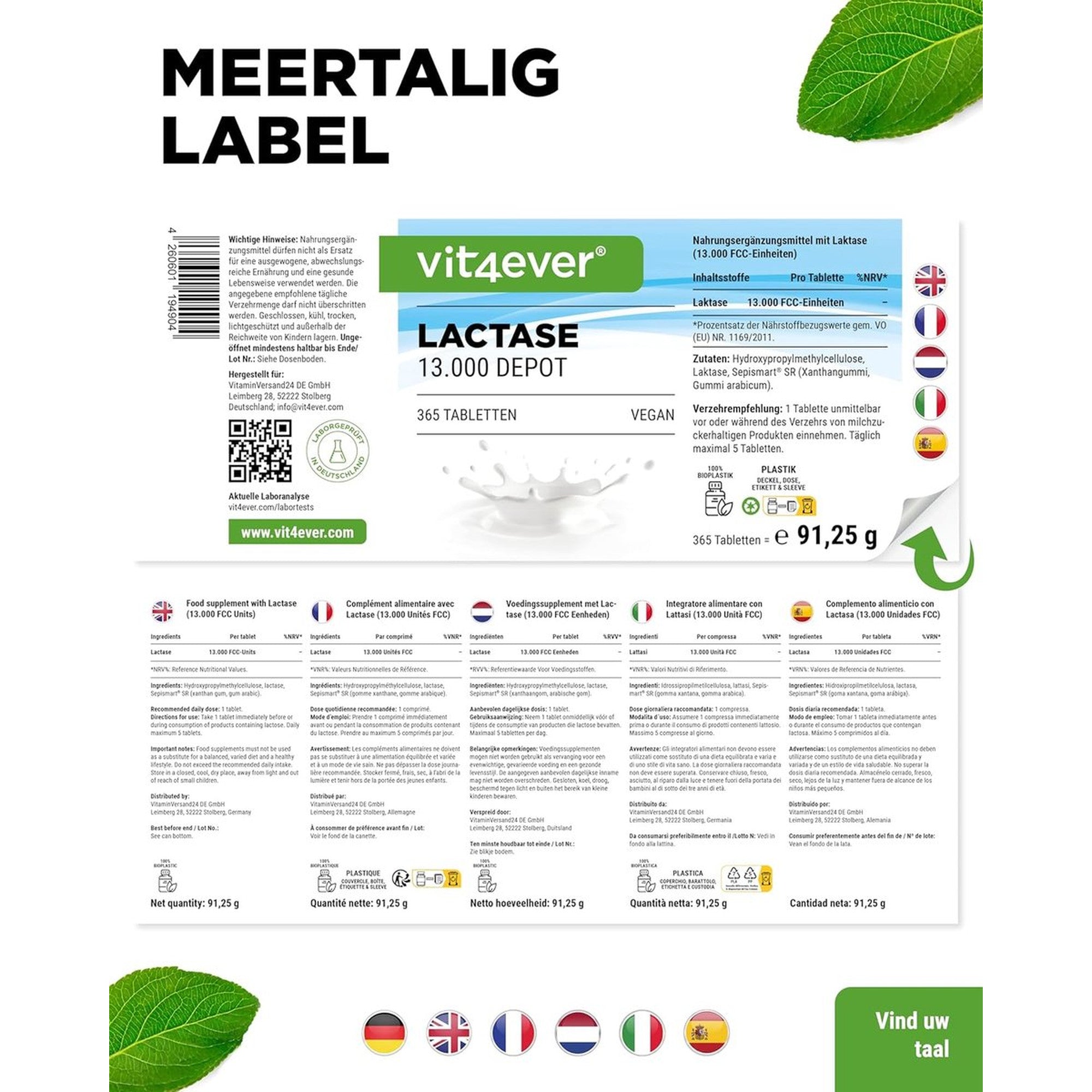 Vit4ever Lactase 13.000 FCC Depot 365 tabletten - meertalig etiket met ingredienten en netto-inhoud 91,25 gram #Inhoud_365 tabletten
