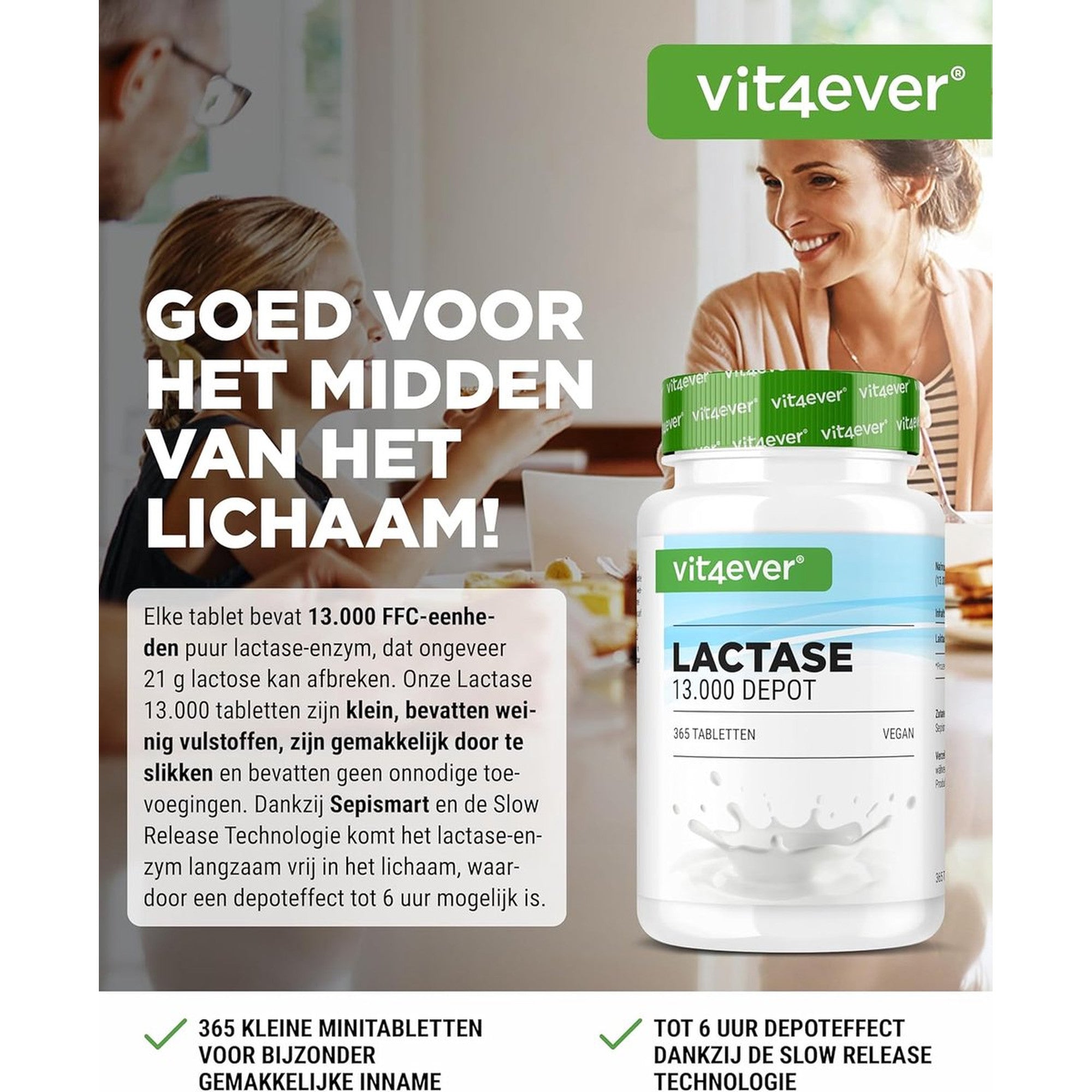 Vit4ever Lactase 13.000 FCC Depot 365 tabletten - een tablet bij de zuivelmaaltijd met depotwerking tot 6 uur #Inhoud_365 tabletten
