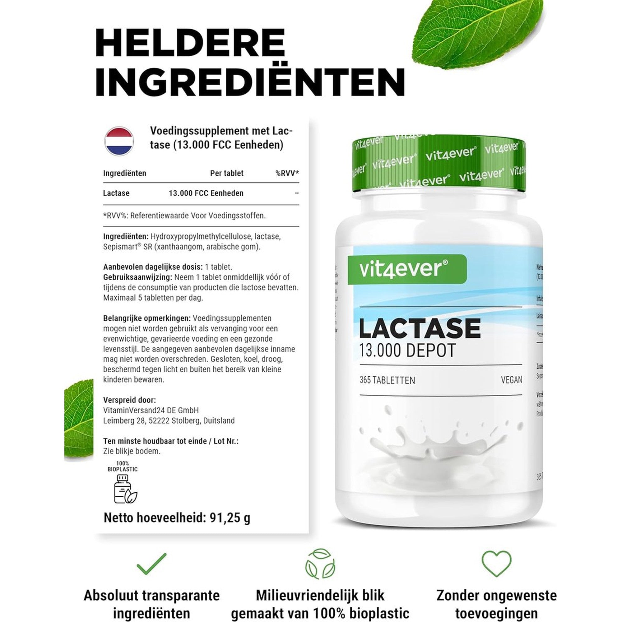 Vit4ever Lactase 13.000 FCC Depot 365 tabletten - ingredienten en netto-inhoud 91,25 gram #Inhoud_365 tabletten