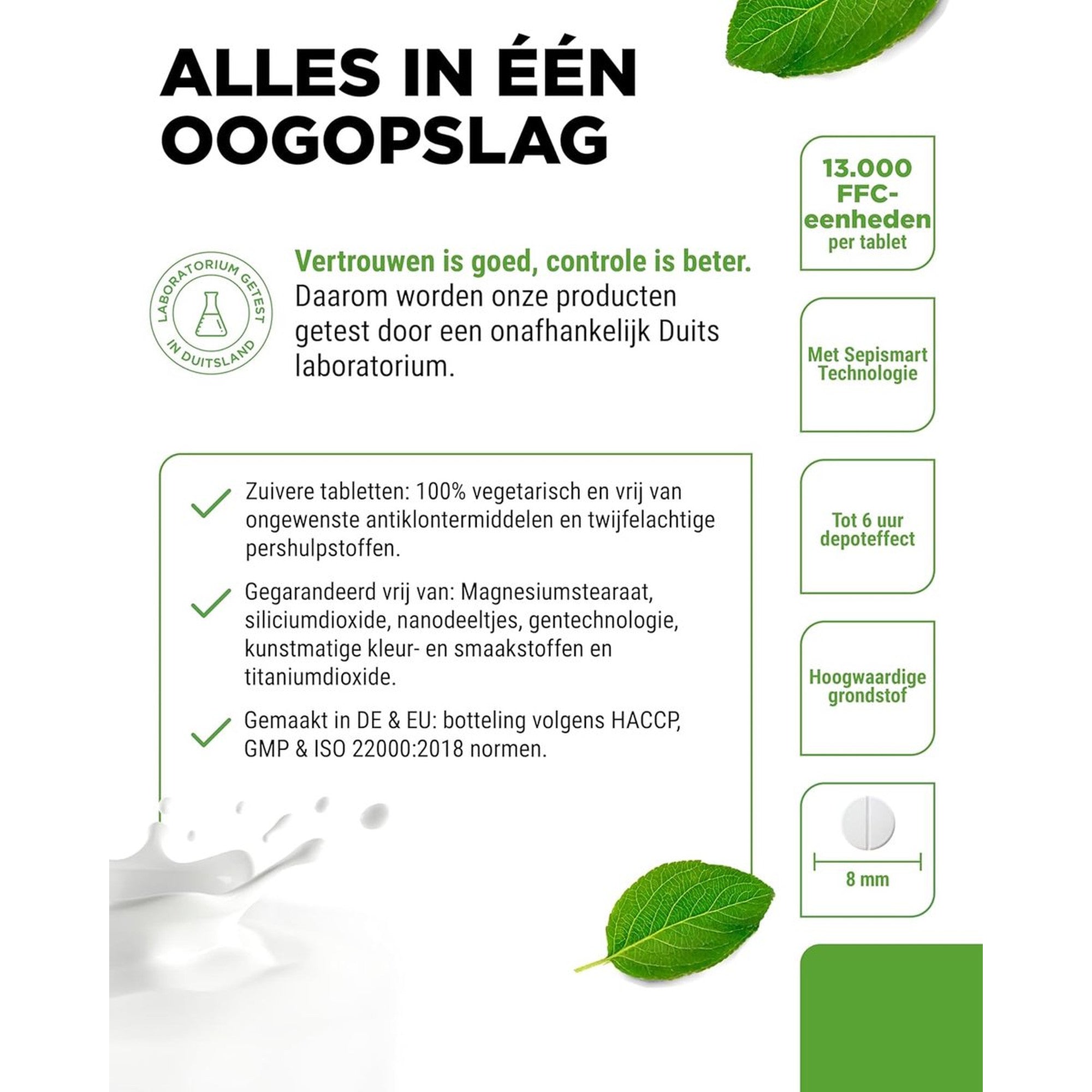 Vit4ever Lactase 13.000 FCC Depot 365 tabletten - kenmerken op een rij met Sepismart en 8 mm minitablet #Inhoud_365 tabletten