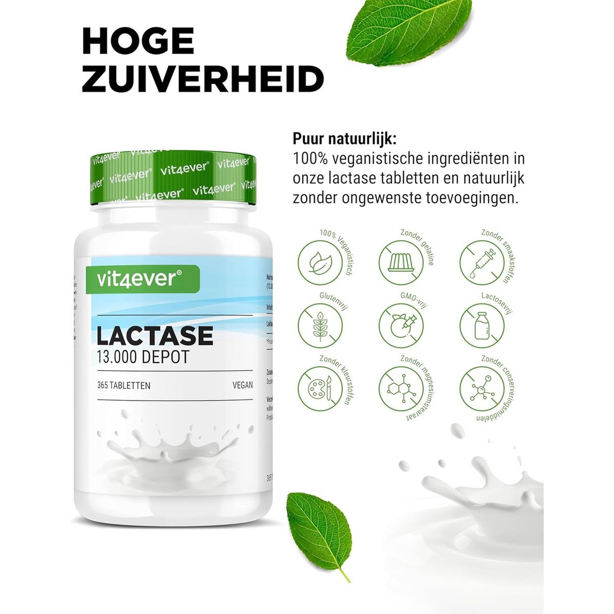 Vit4ever Lactase 13.000 FCC Depot 365 tabletten - vegan, glutenvrij en lactosevrij zonder onnodige toevoegingen #Inhoud_365 tabletten