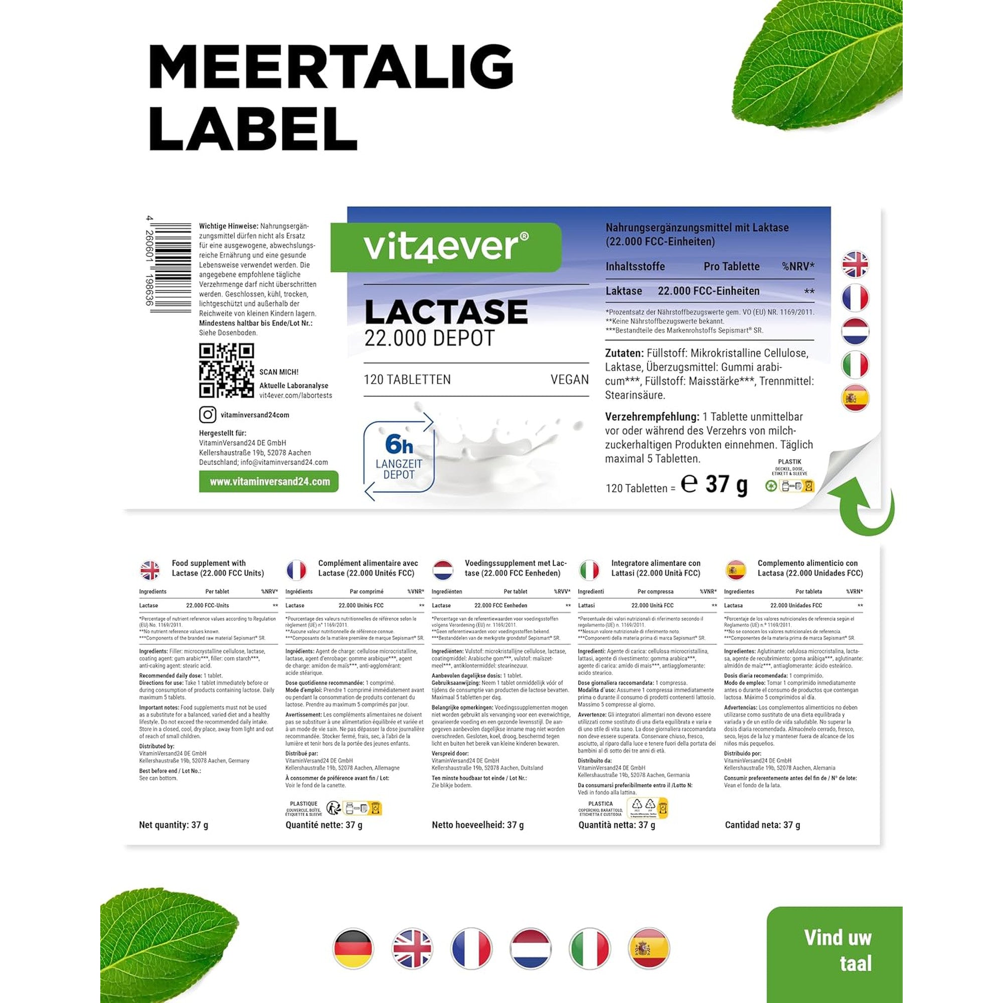 Vit4ever Lactase 22.000 FCC Depot 120 tabletten - meertalig etiket met ingredienten en netto-inhoud 37 gram #Inhoud_120 tabletten