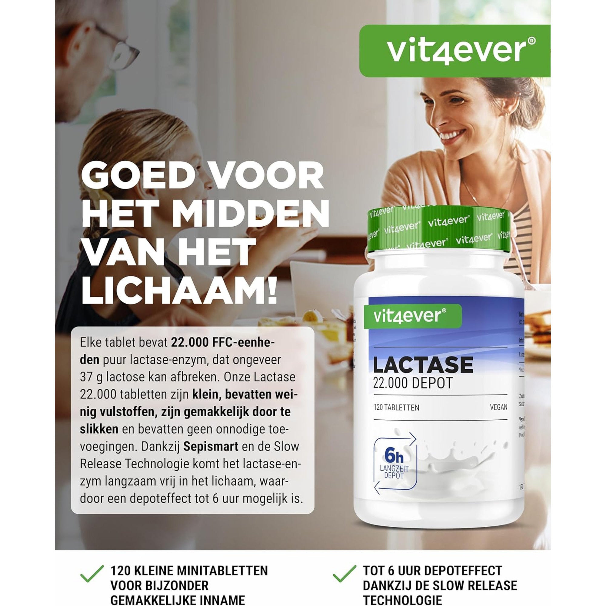 Vit4ever Lactase 22.000 FCC Depot 120 tabletten - een tablet bij de zuivelmaaltijd met depotwerking tot 6 uur #Inhoud_120 tabletten