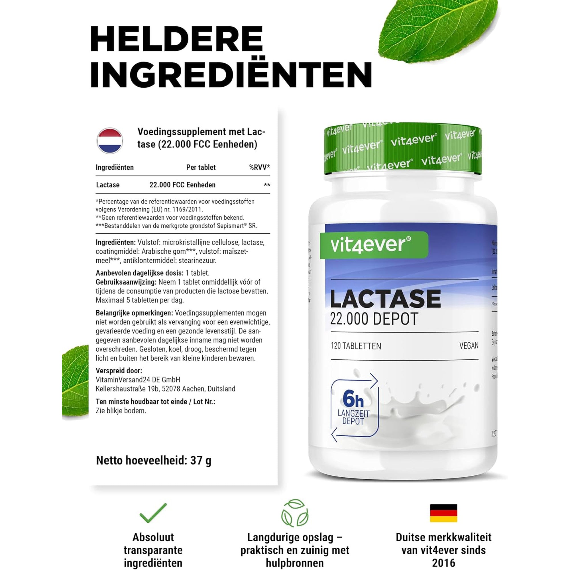 Vit4ever Lactase 22.000 FCC Depot 120 tabletten - ingredienten en netto-inhoud 37 gram #Inhoud_120 tabletten