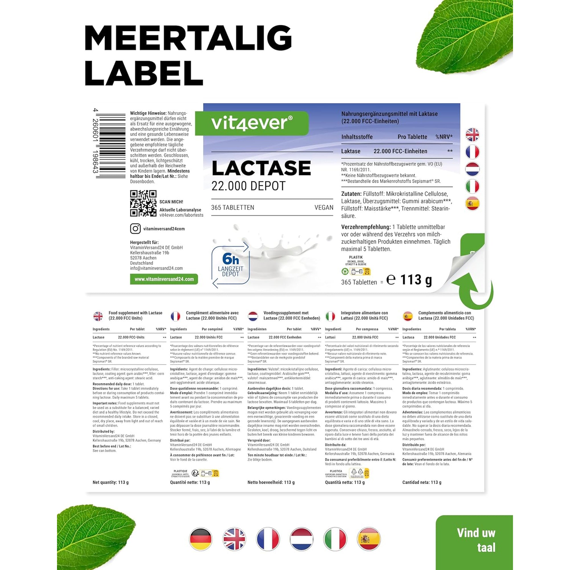 Vit4ever Lactase 22.000 FCC Depot 365 tabletten - meertalig etiket met ingredienten en netto-inhoud 113 gram #Inhoud_365 tabletten