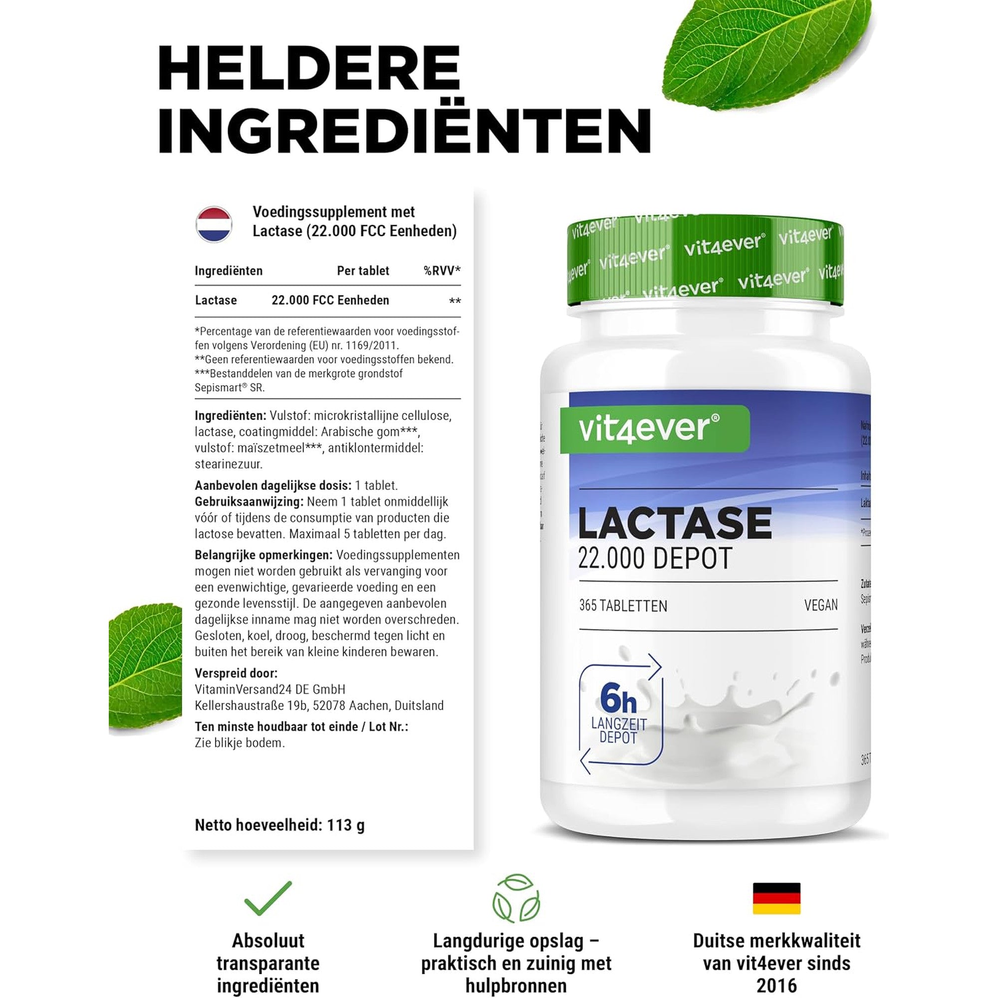 Vit4ever Lactase 22.000 FCC Depot 365 tabletten - ingredienten en netto-inhoud 113 gram #Inhoud_365 tabletten