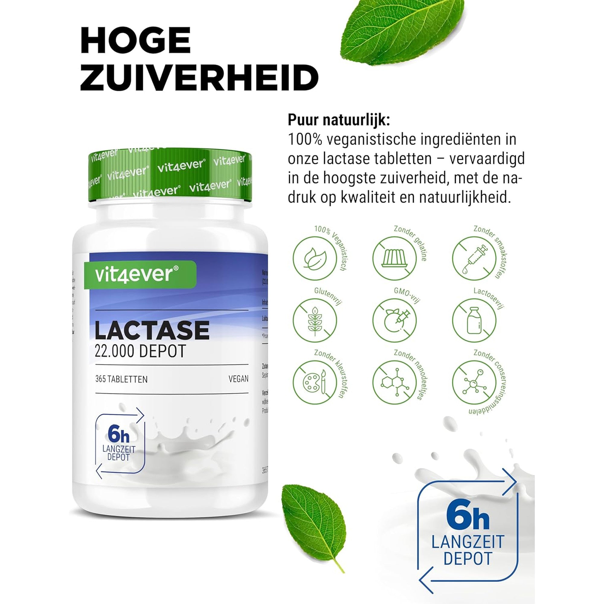 Vit4ever Lactase 22.000 FCC Depot 365 tabletten - vegan, glutenvrij en lactosevrij zonder onnodige toevoegingen #Inhoud_365 tabletten