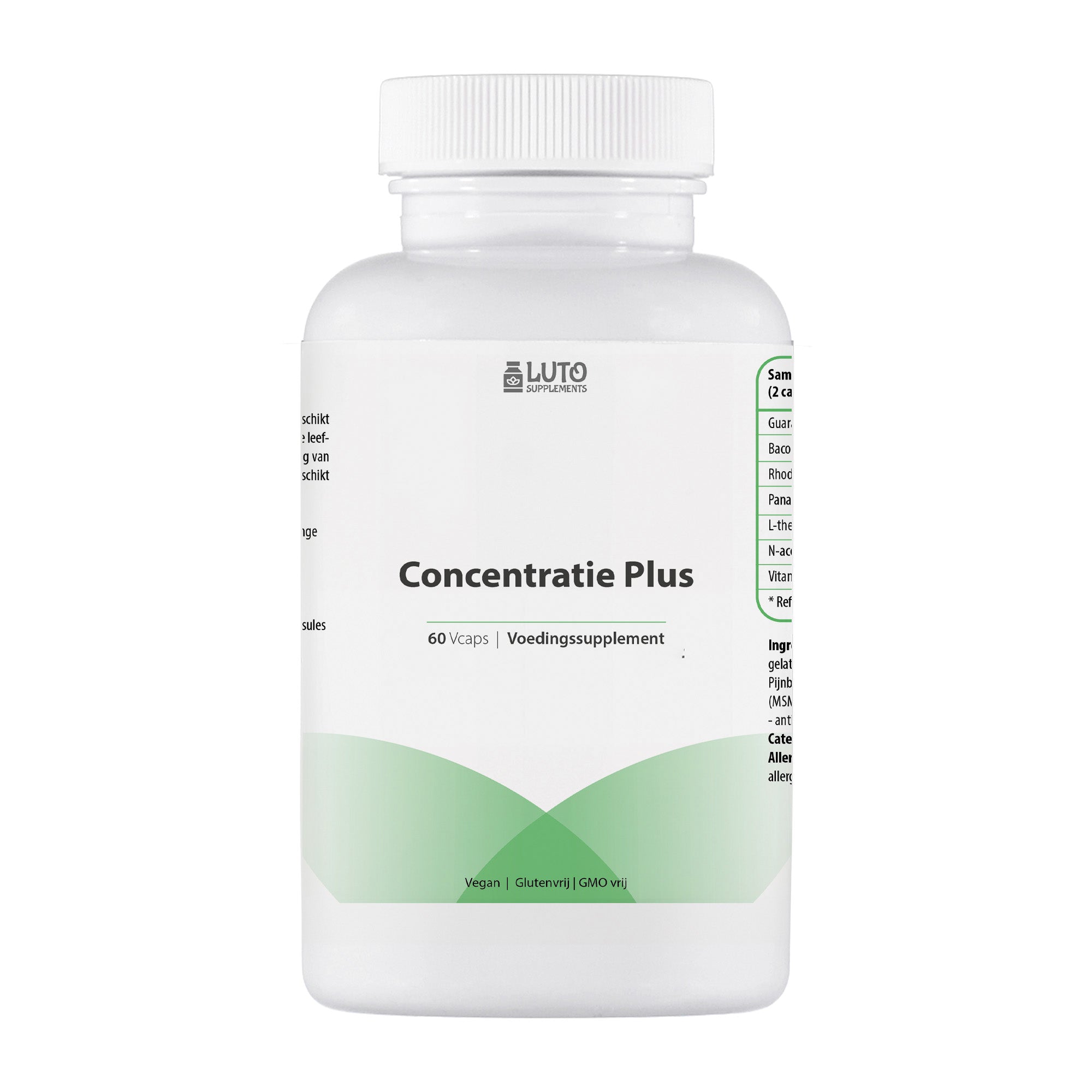 Luto Supplements | Concentratieboos | Natuurlijke studeerpil | vitamine B6, Guarana, Bacopa Monnieri, Rhodiola Rosea, Panax Gingseng, L-theanine en NAC | vegan | 60 Vcaps