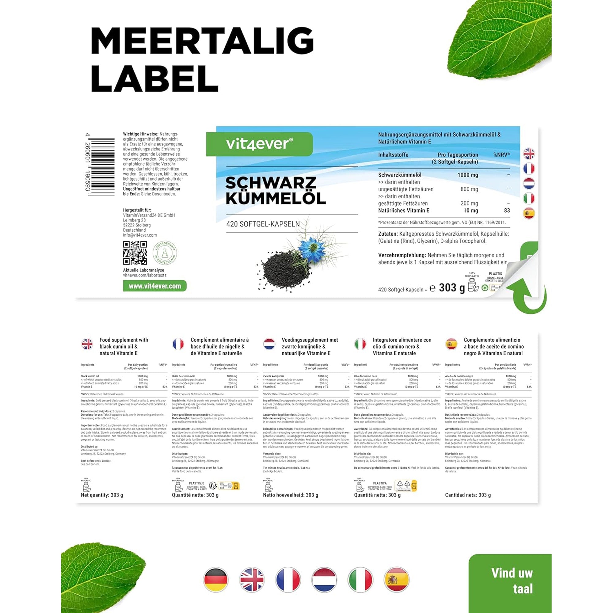 Zwarte komijnolie 1000 mg | 420 capsules | Vit4ever