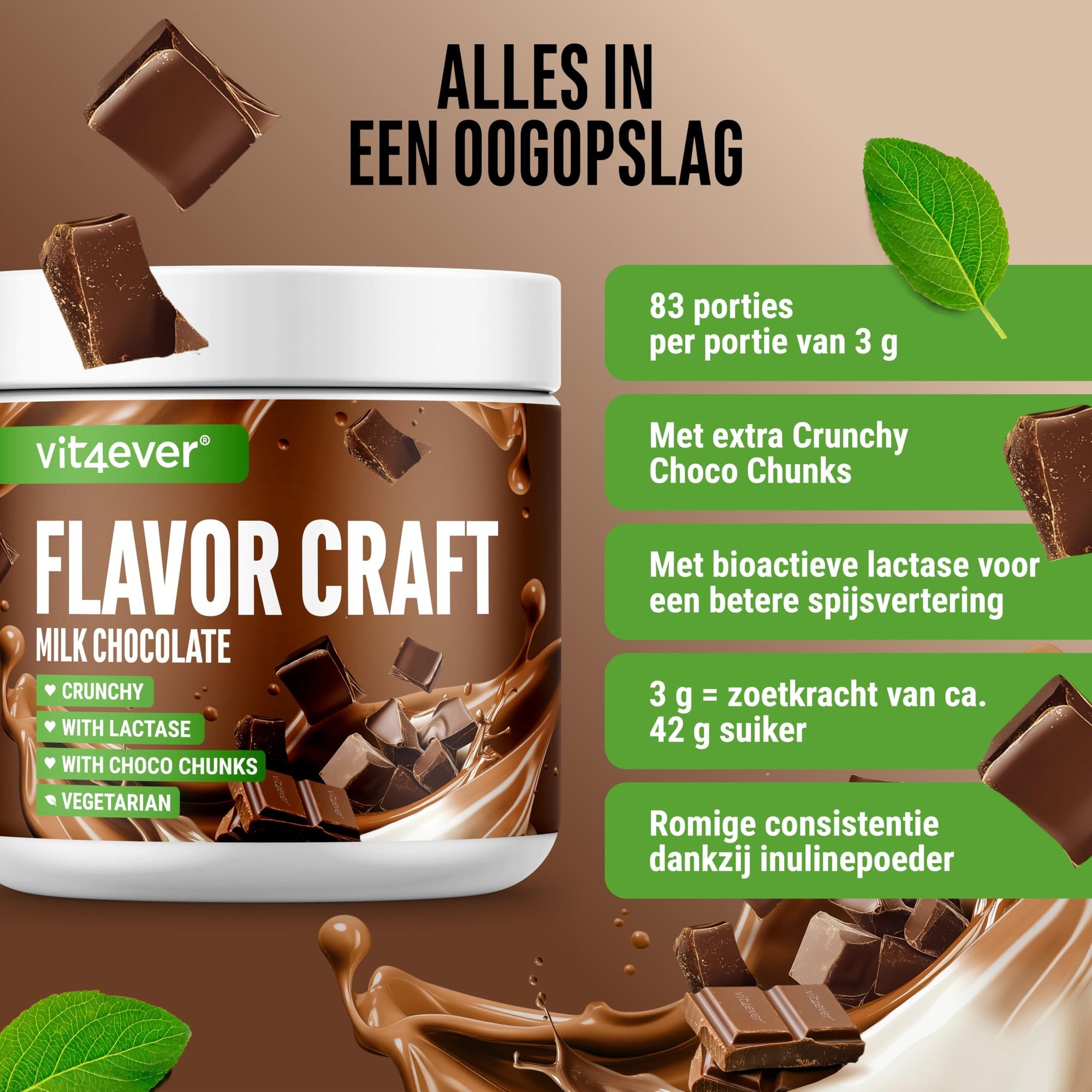 Etiket en ingrediënten Vit4ever Flavor Craft Melkchocolade smaakpoeder 250 g