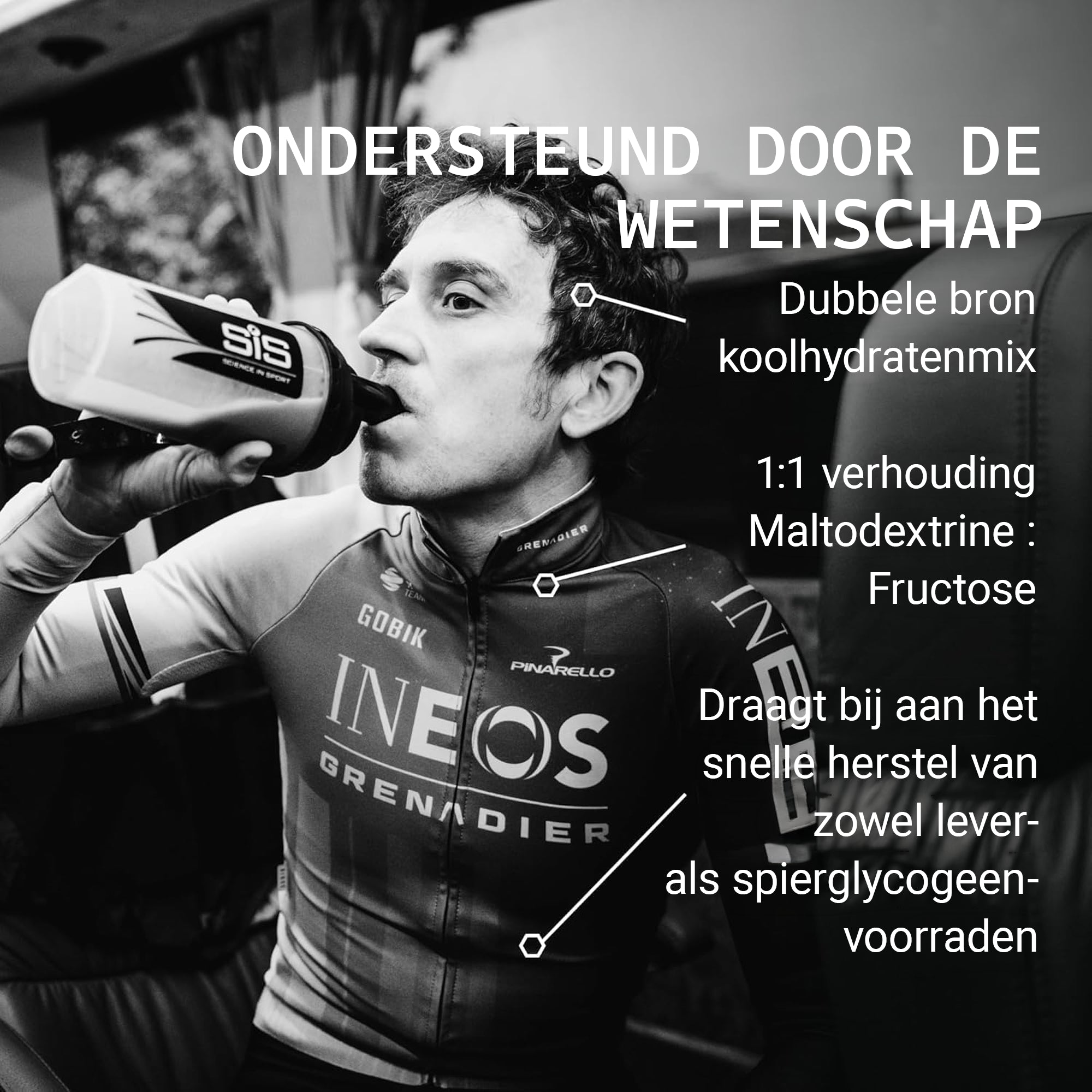 Wielrenner drinkt SiS BETA Recovery Vanille herstelshake met dubbele bron koolhydraten en 1:1 maltodextrine fructose