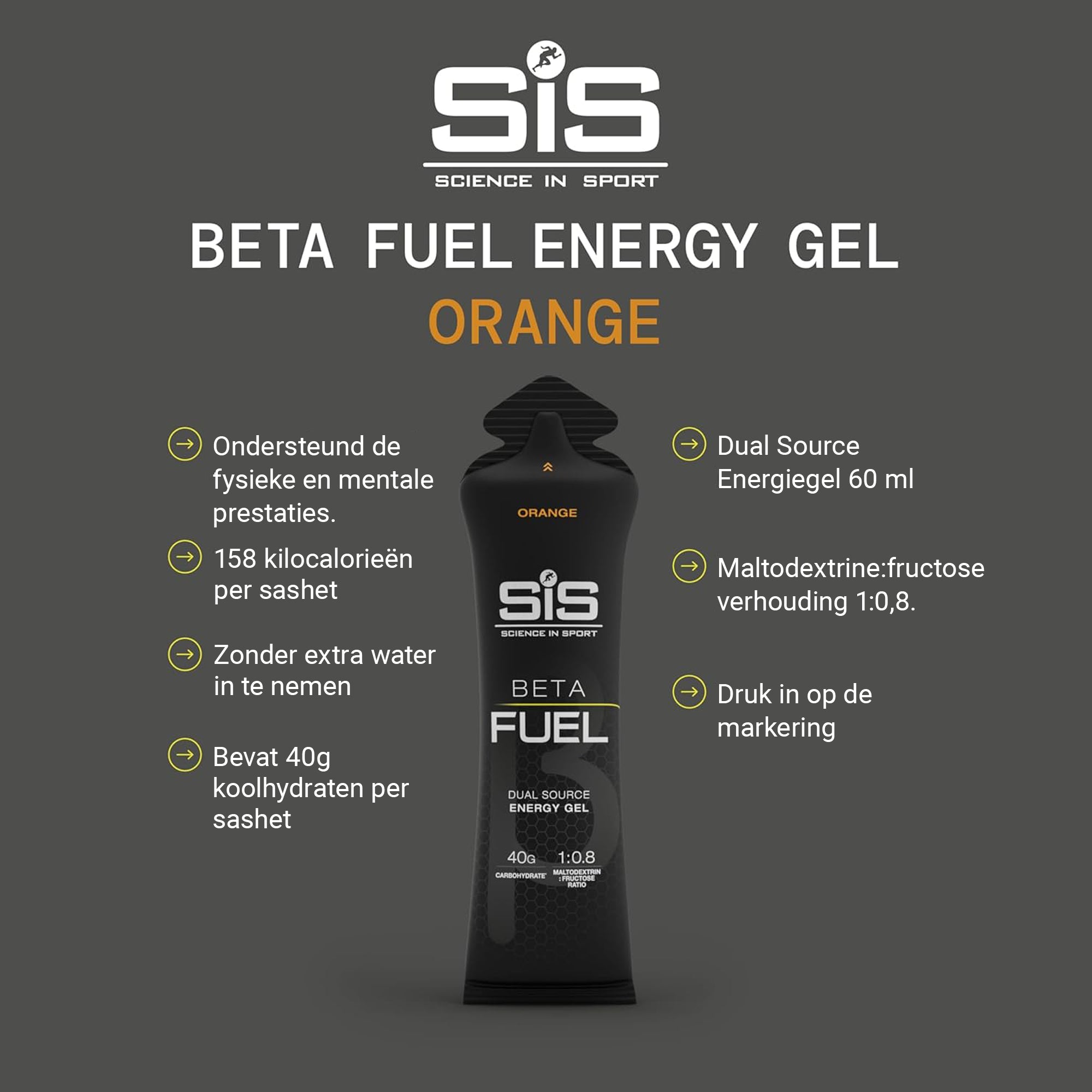 SiS Beta fuel gel | 1:0.8 maltodextrin: fructose ratio | Orange