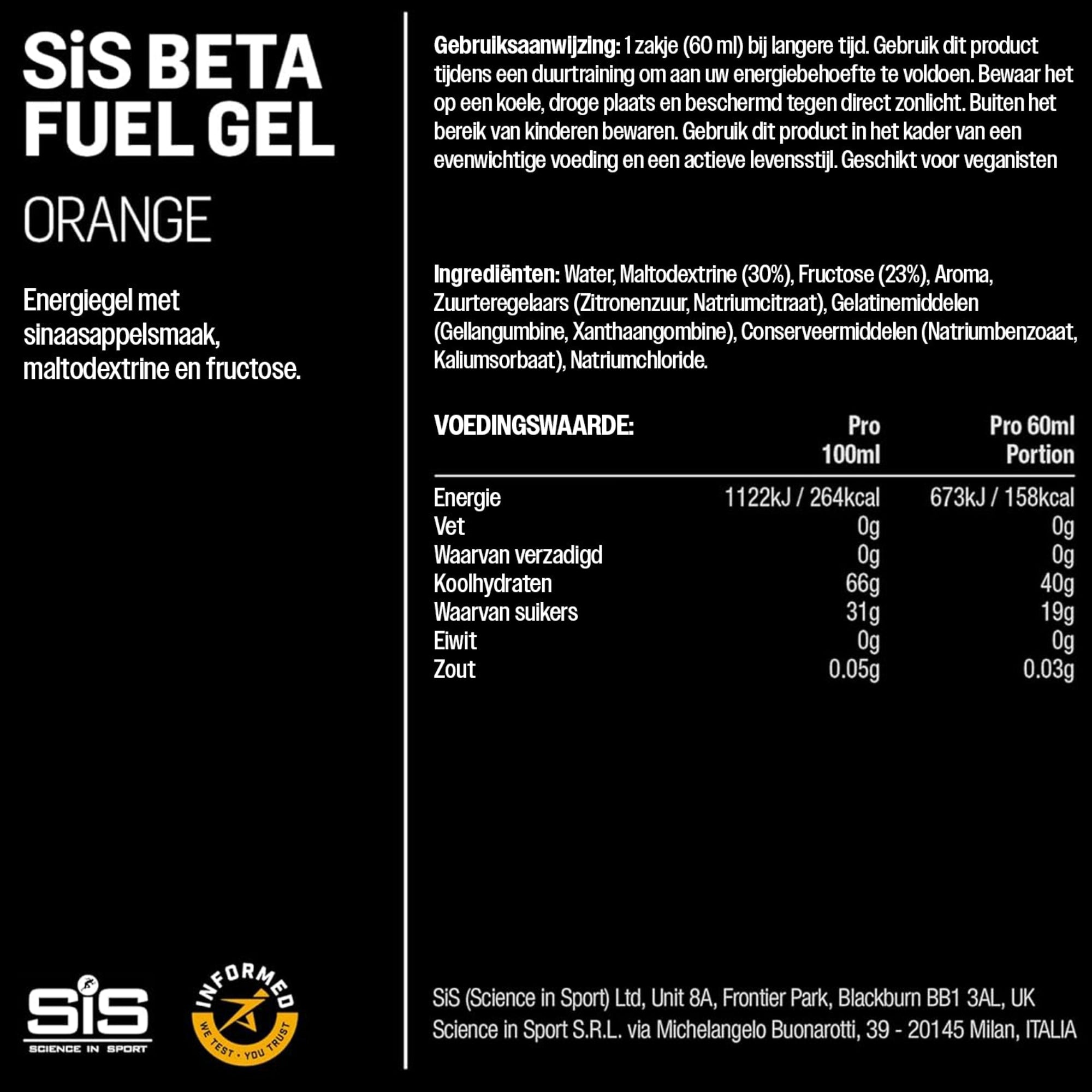 SiS Beta fuel gel | 1:0.8 maltodextrin: fructose ratio | Orange
