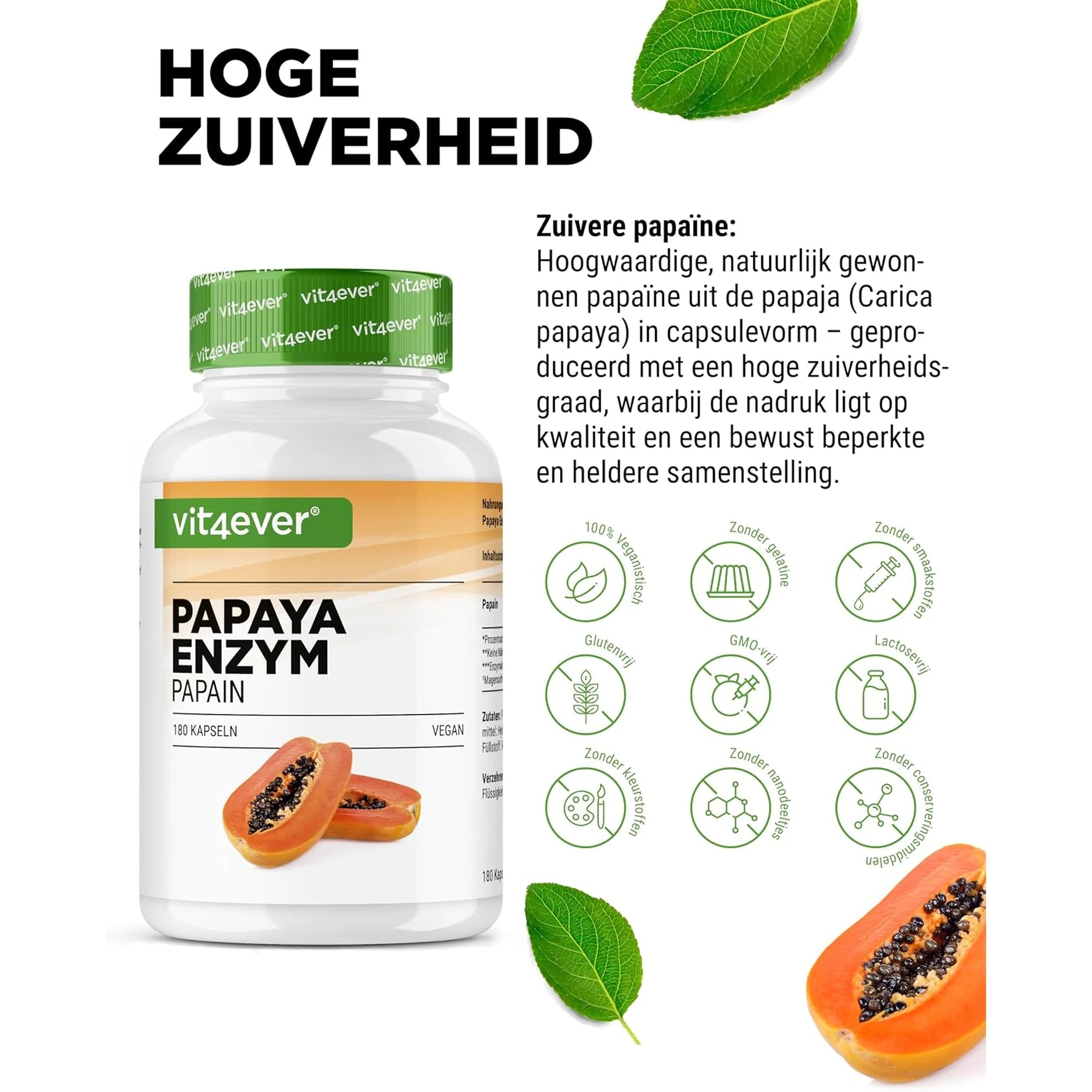 Zuivere papaïne uit papaja, vegan, glutenvrij en lactosevrij