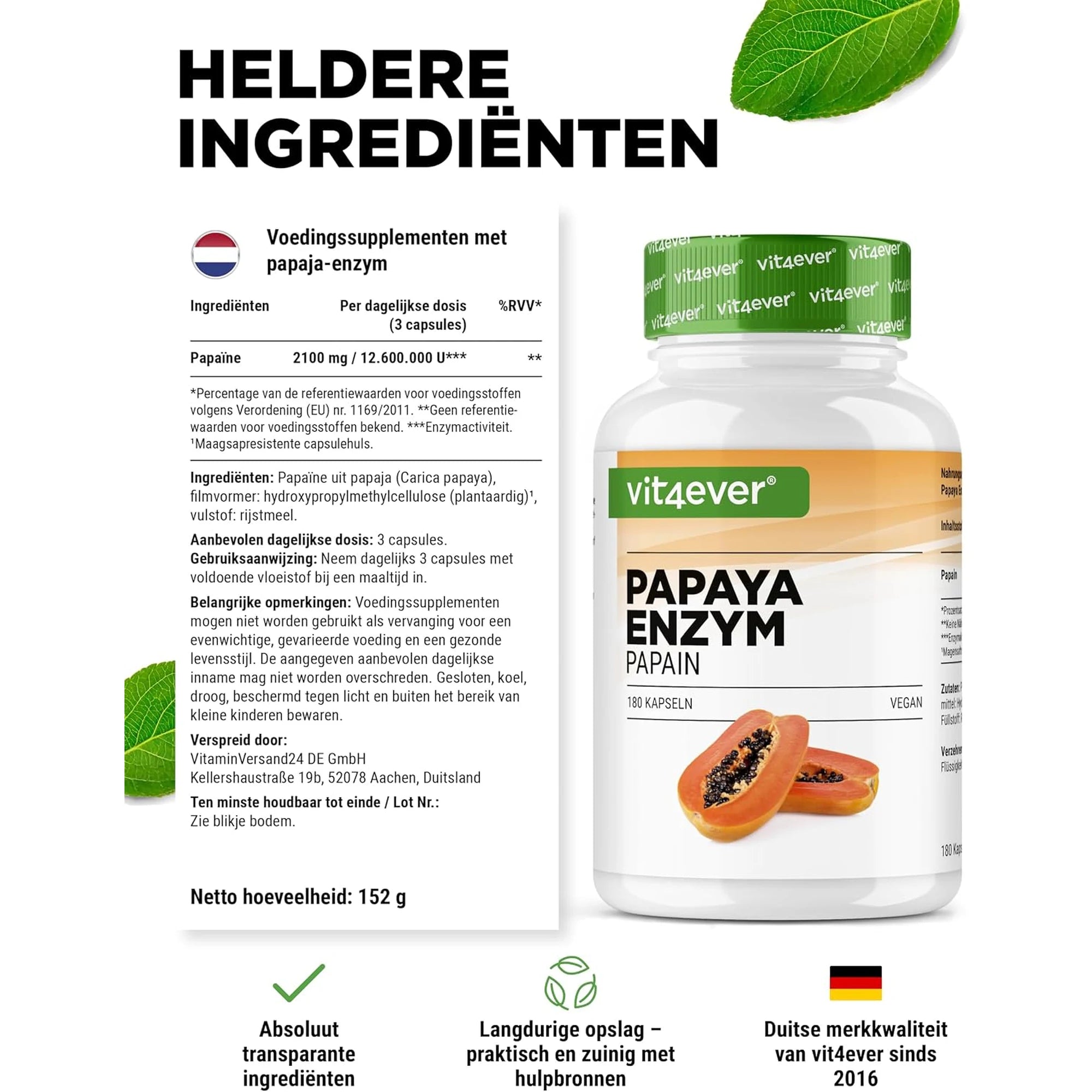 Ingrediënten van Vit4ever Papaya Enzym per dagelijkse dosis