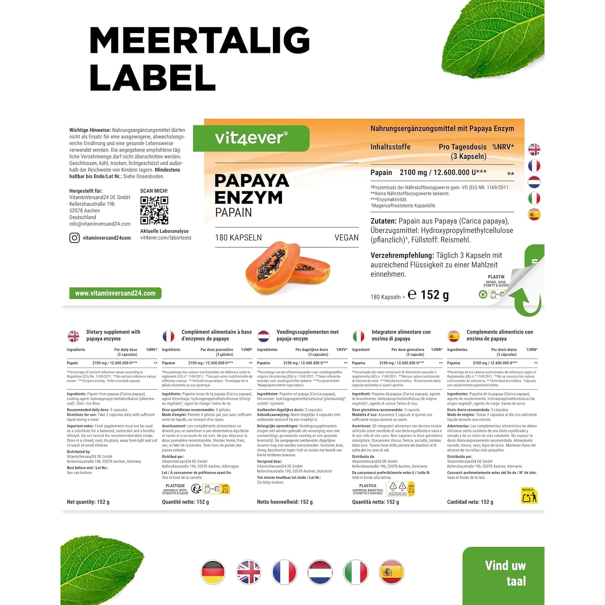 Meertalig etiket van Vit4ever Papaya Enzym