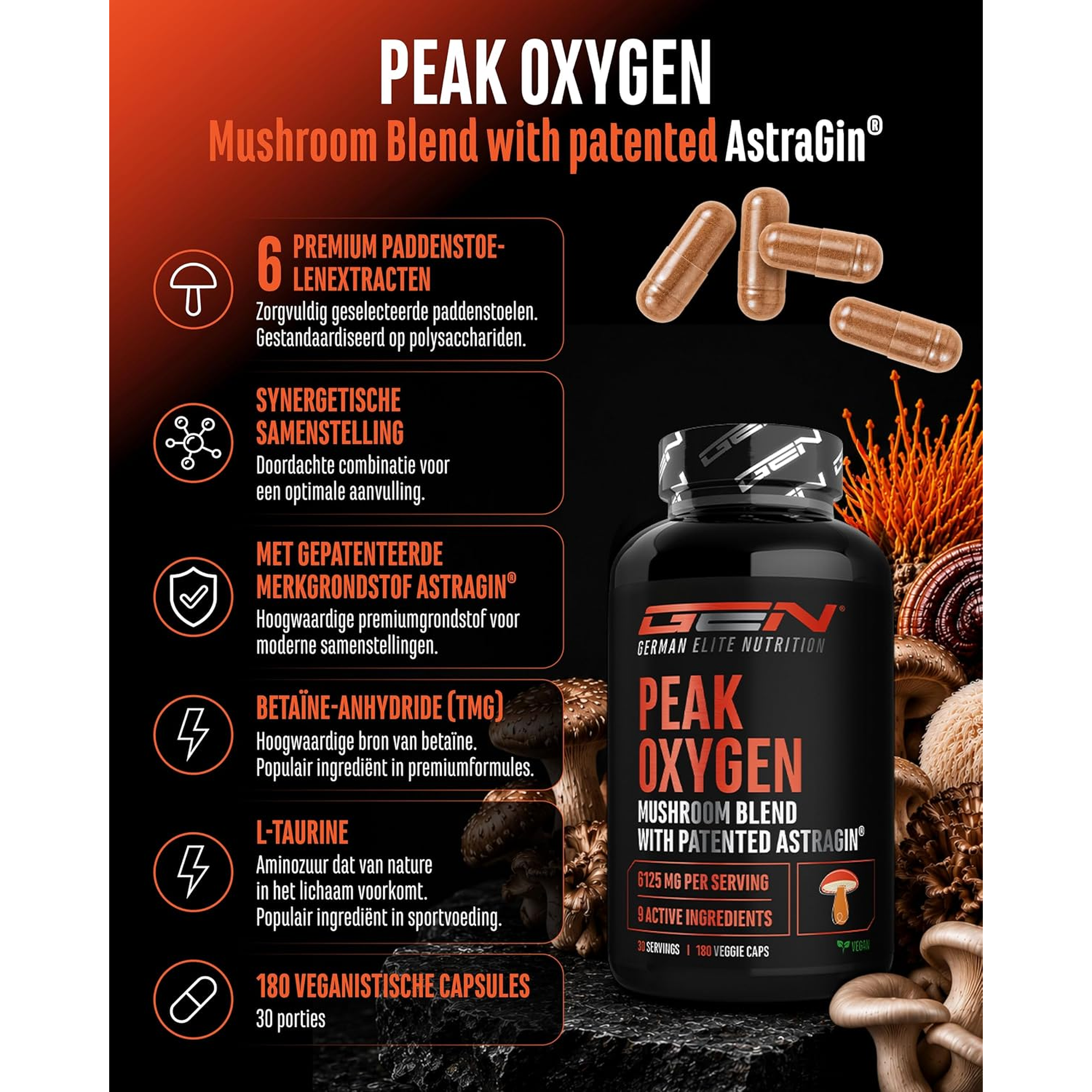 Peak Oxygen zes paddenstoelextracten met gepatenteerde AstraGin