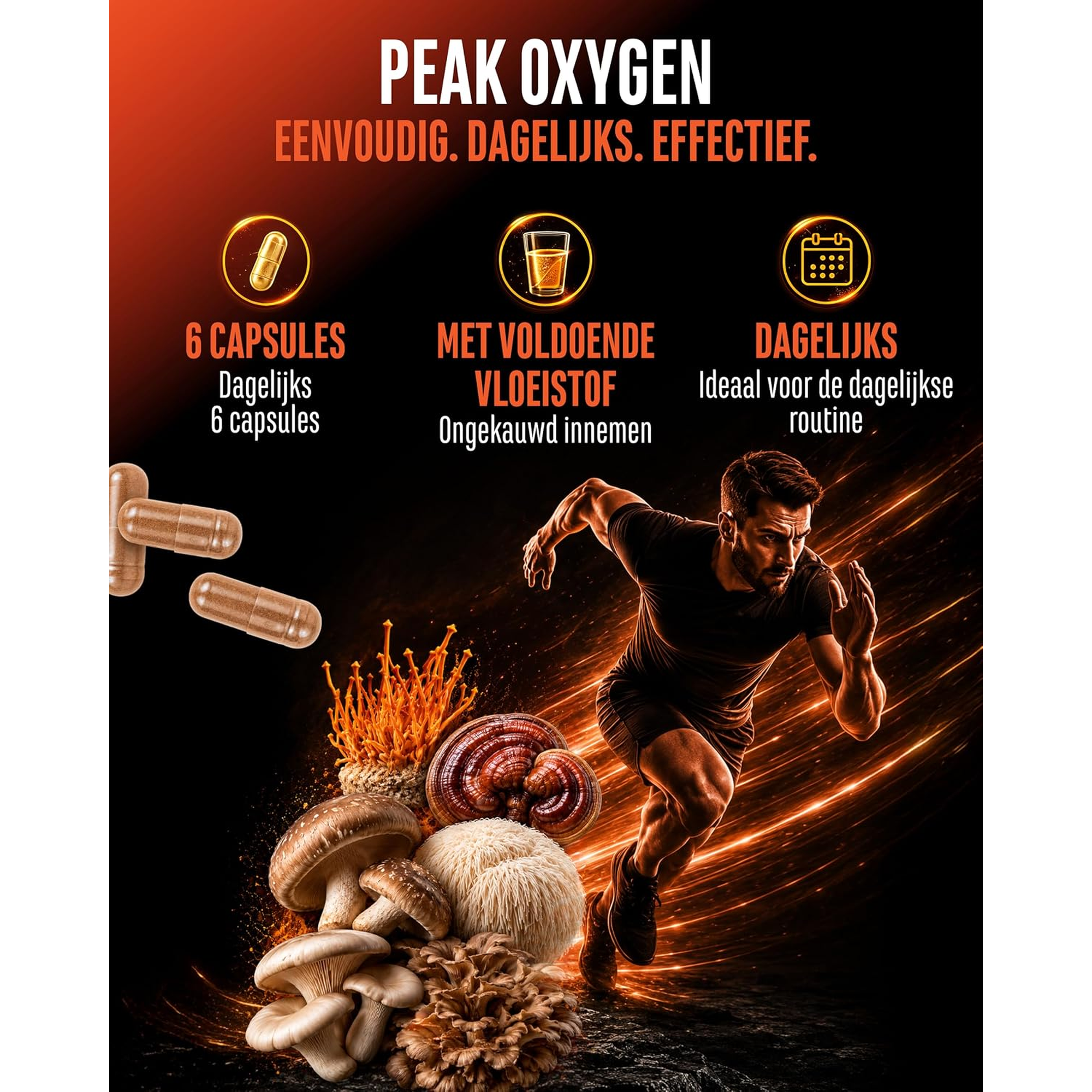 Peak Oxygen dagelijks zes capsules met voldoende vloeistof