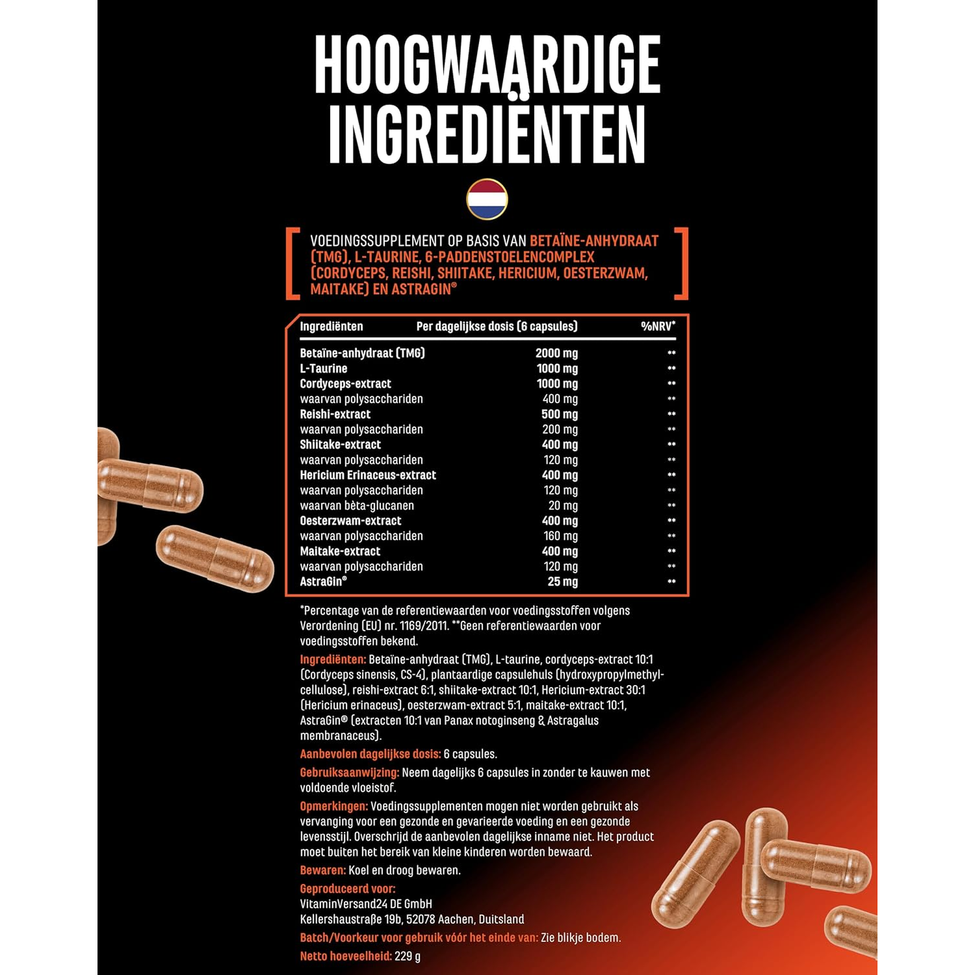 Ingredienten en voedingswaarde Peak Oxygen per dagelijkse dosis