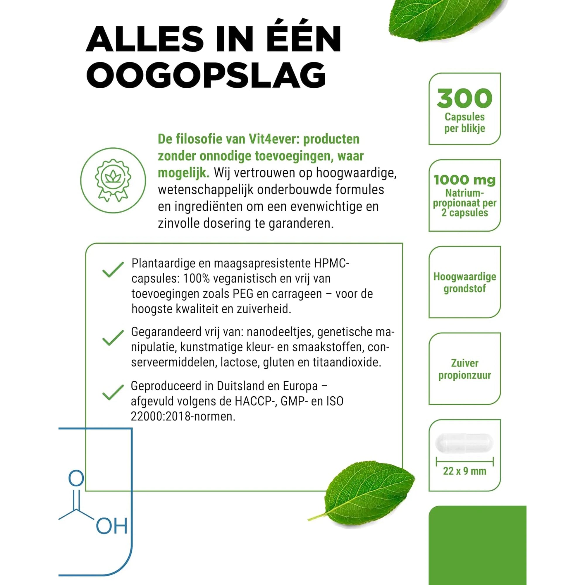 Propionzuur in één oogopslag: 300 capsules, 1000 mg per 2 capsules