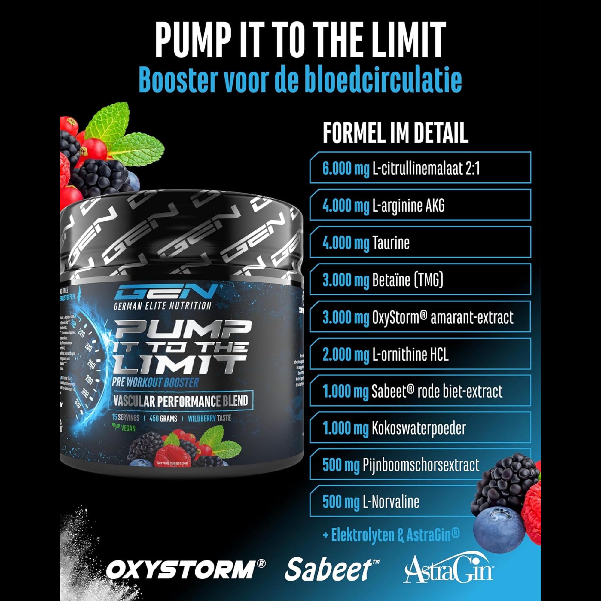 Formule GEN Pump it to the Limit per portie - 6.000 mg L-citrullinemalaat, 4.000 mg L-arginine AKG en 4.000 mg taurine