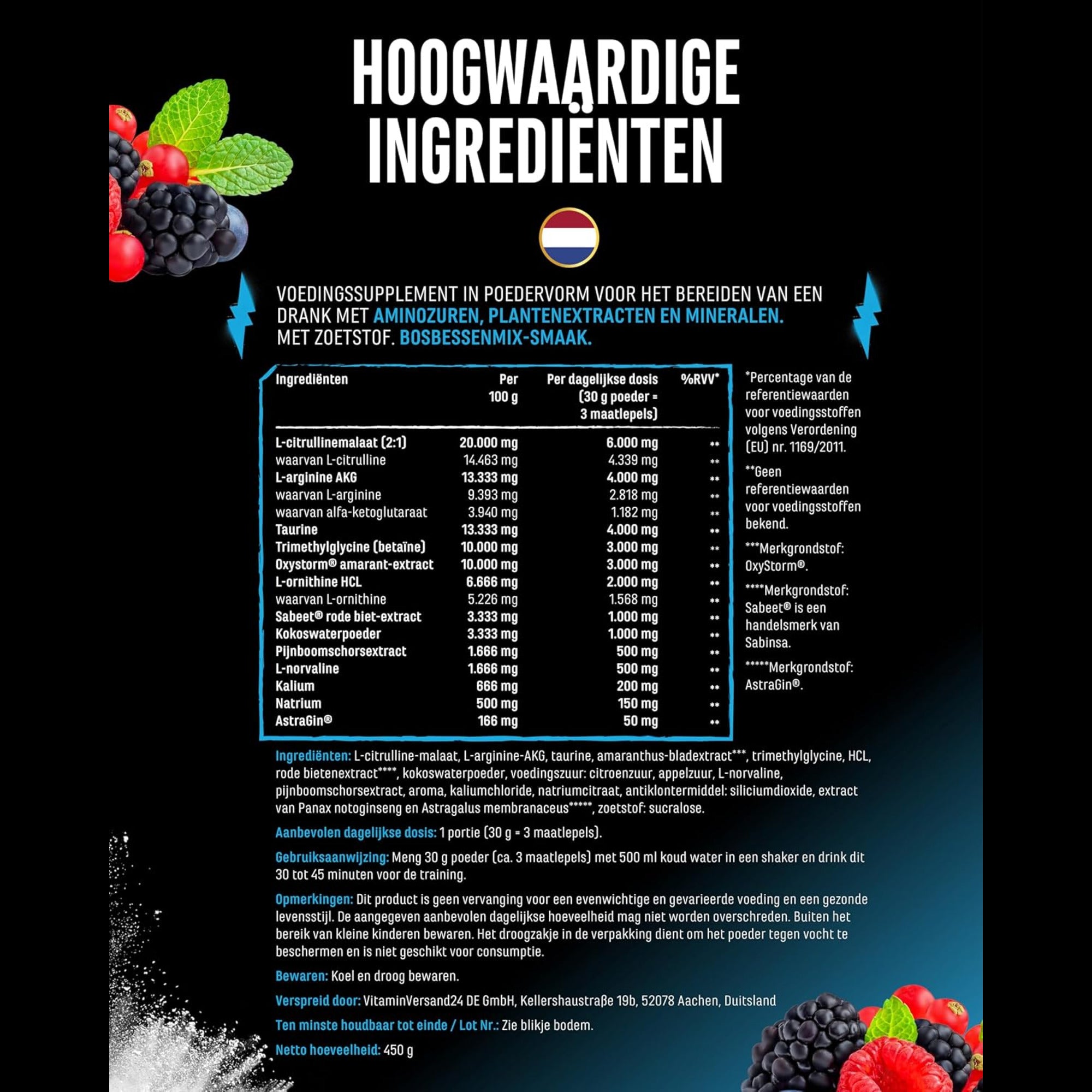 Nederlandse ingrediëntendeclaratie GEN Pump it to the Limit met dosering per 100 g en per portie van 30 g