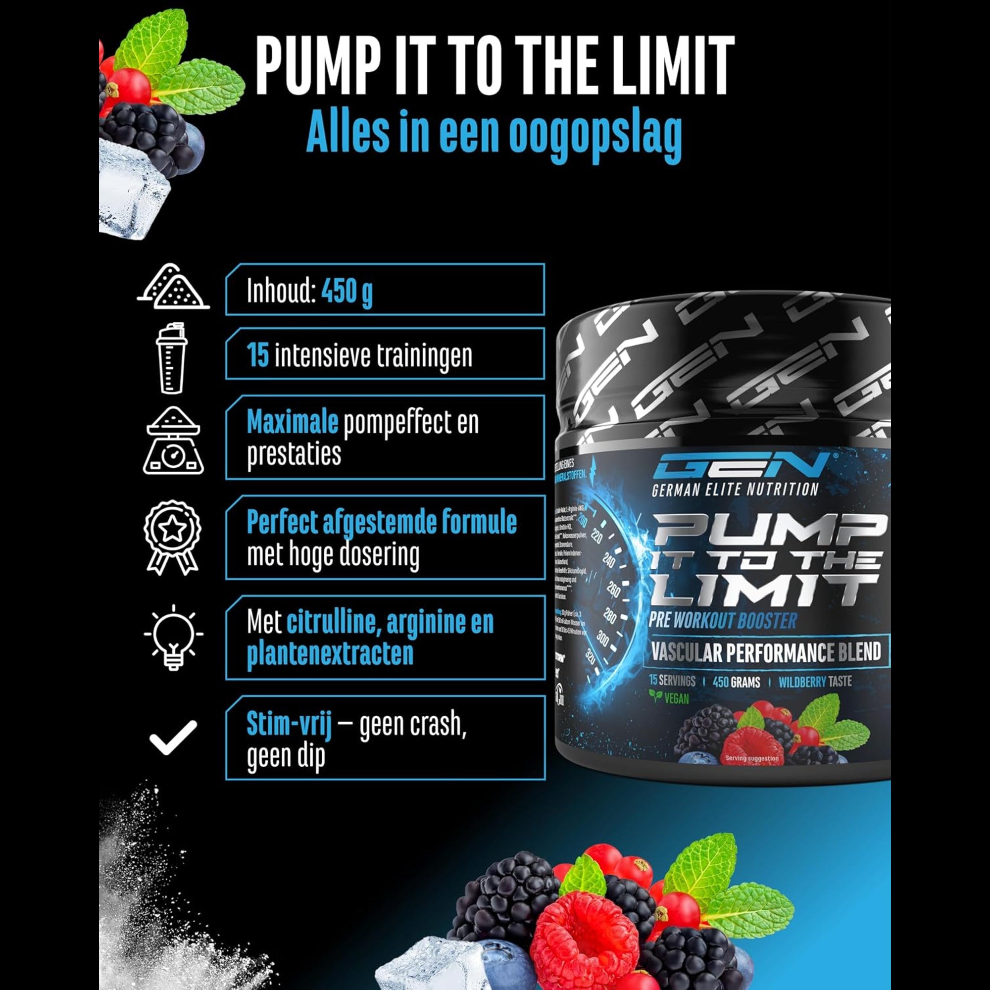 GEN Pump it to the Limit 450 g in een oogopslag - 15 intensieve trainingen, stim-vrij, met citrulline en arginine