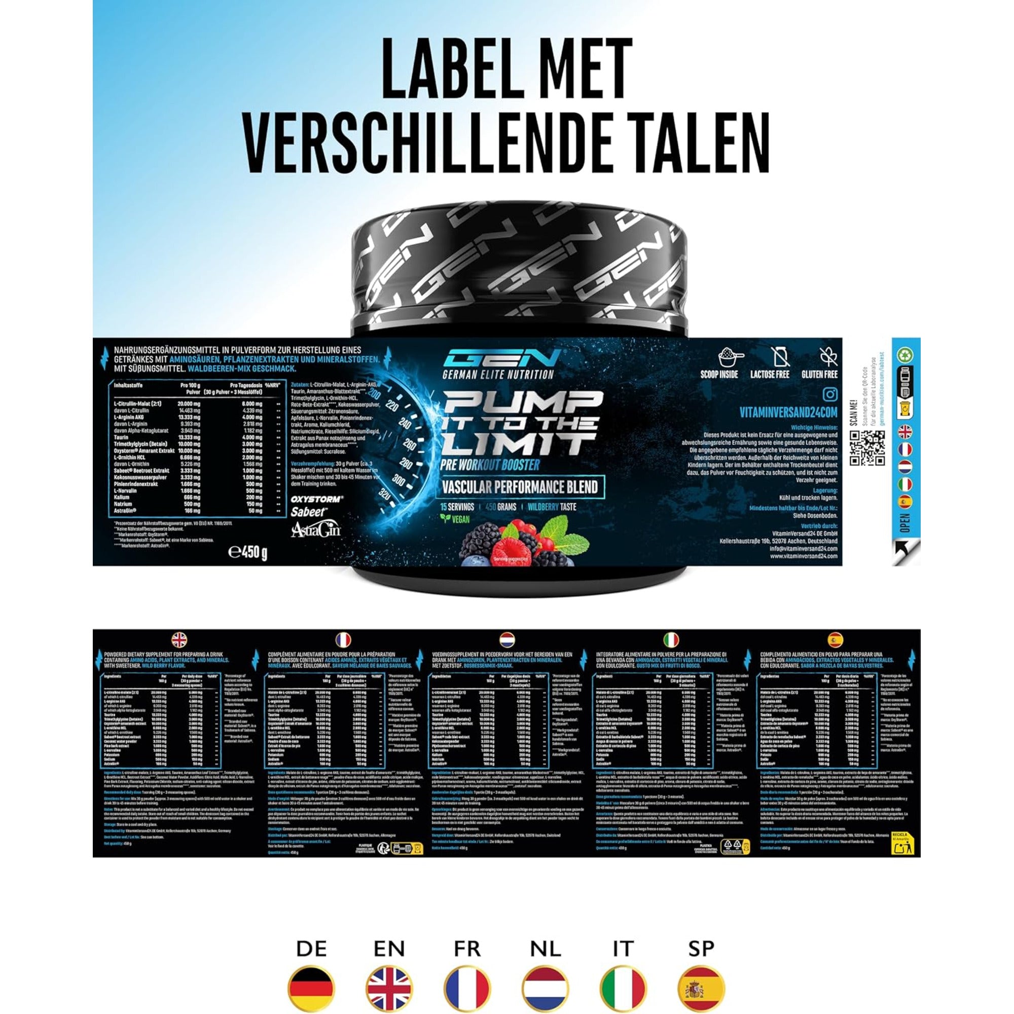 Meertalig label GEN Pump it to the Limit 450 g met ingrediënten en gebruiksaanwijzing in 6 talen