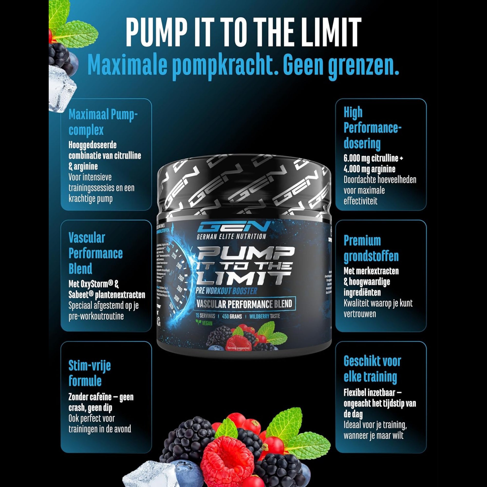 Voordelen GEN Pump it to the Limit - maximaal pumpcomplex, OxyStorm en Sabeet plantenextracten, cafeïnevrije formule