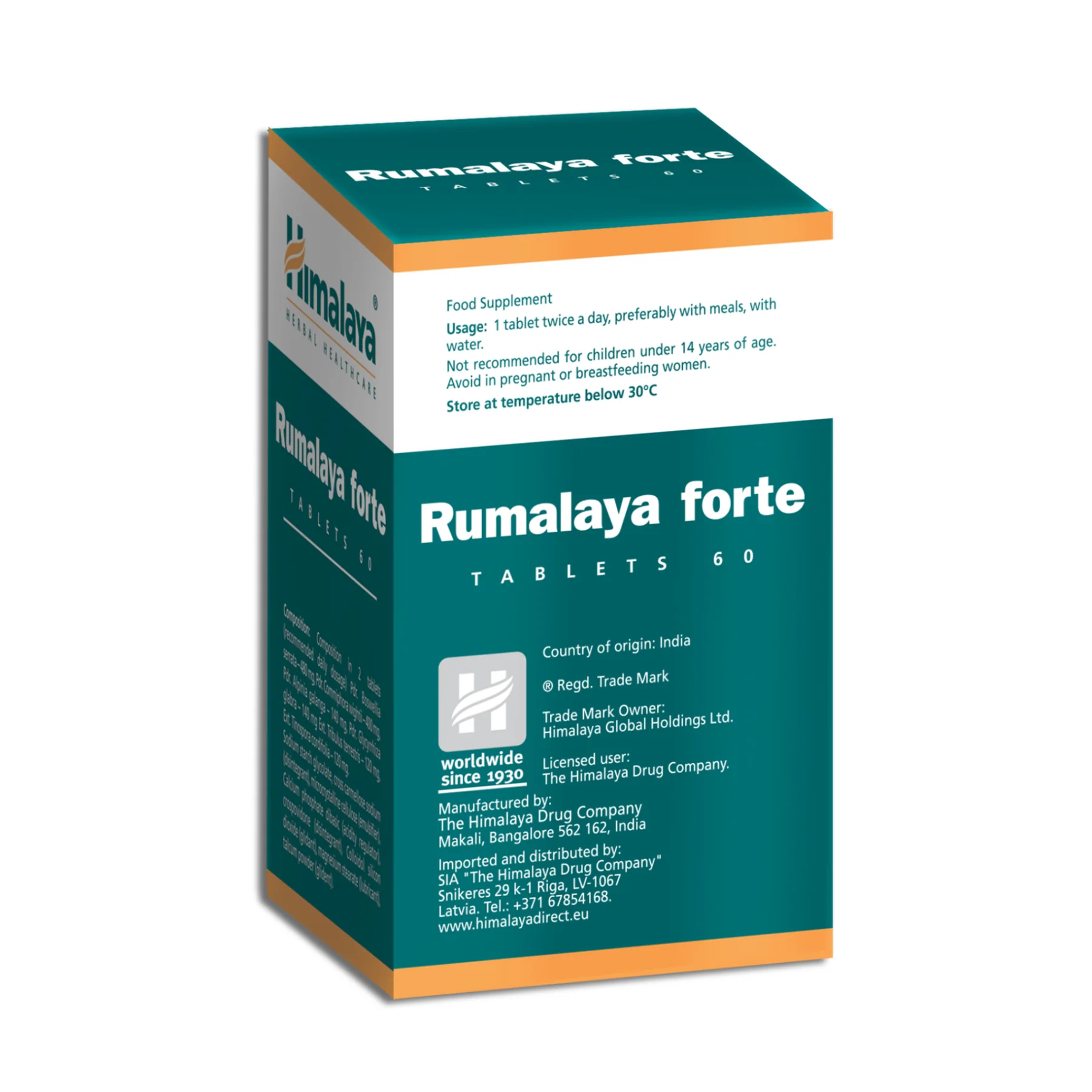 Himalaya Rumalaya Forte doos met gebruiksaanwijzing en importeur
