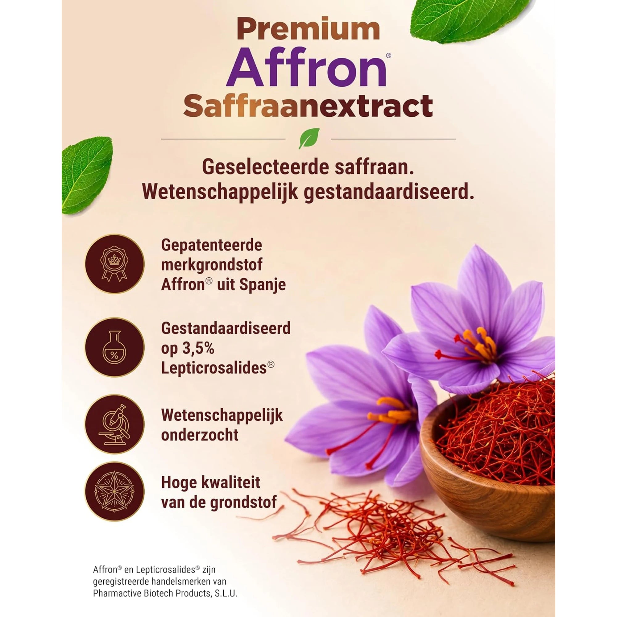 Premium Affron saffraanextract, gestandaardiseerd op 3,5% Lepticrosalides