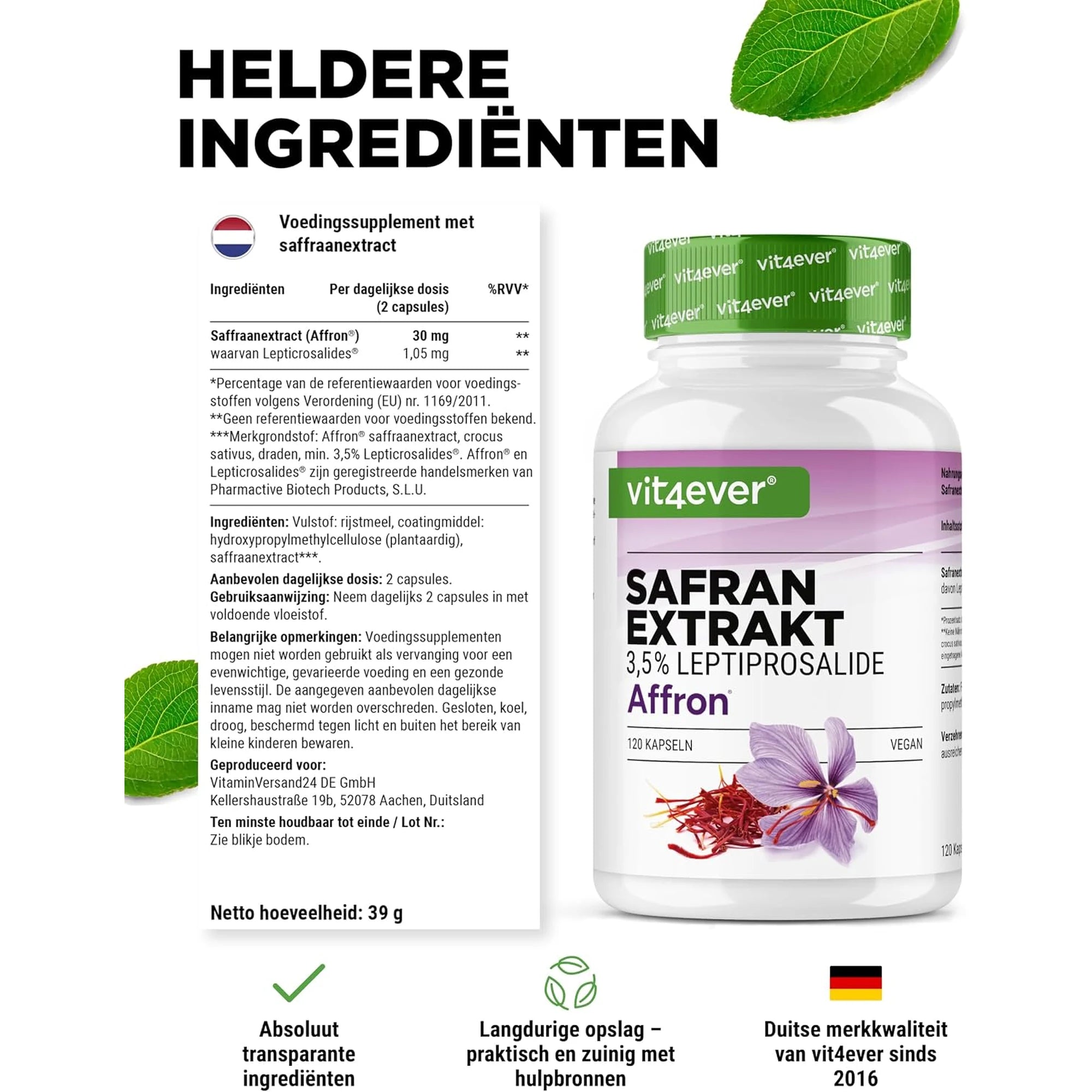 Heldere ingrediënten van Vit4ever Saffraanextract Affron per dagdosis