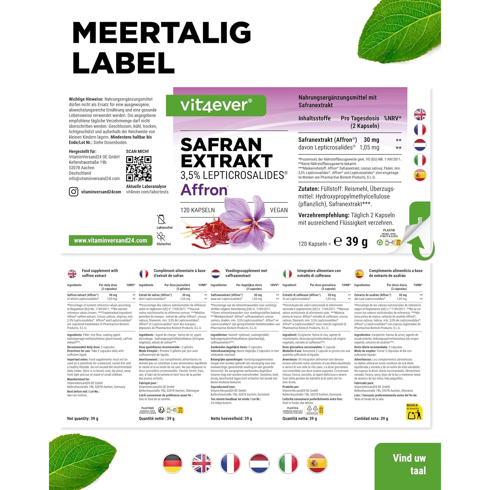 Meertalig etiket van Vit4ever Saffraanextract Affron