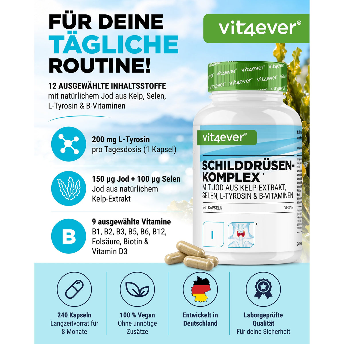 Vit4ever Schildklier Complex: 200 mg L-tyrosine, 150 µg jodium en 100 µg selenium per capsule