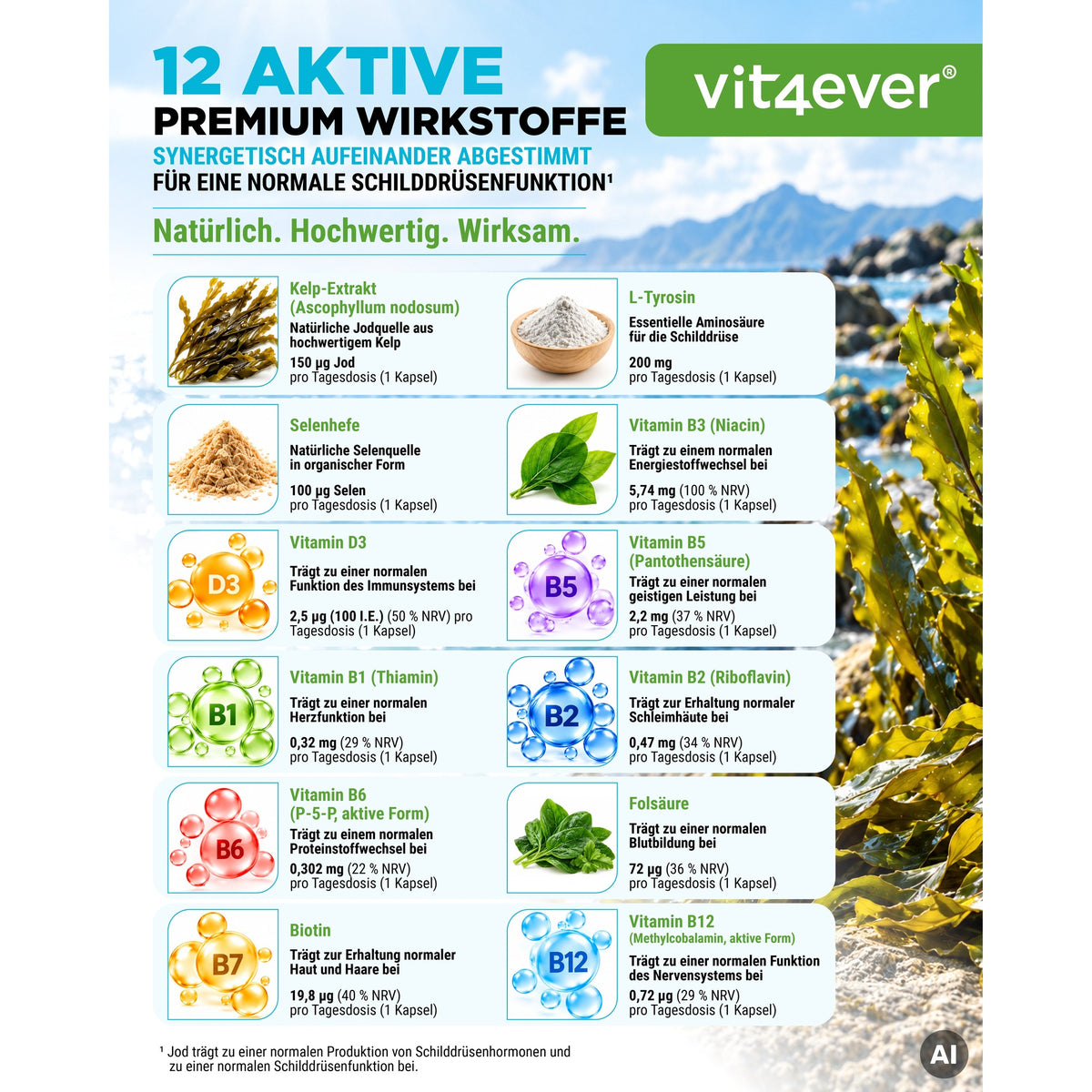 Vit4ever Schildklier Complex, overzicht van de 12 actieve stoffen per capsule met dosering en % RI