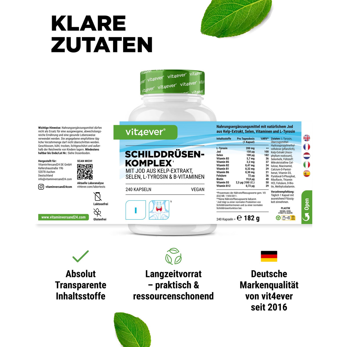 Etiket Vit4ever Schildklier Complex met ingrediënten en voedingswaarden per capsule, 240 capsules = 182 g
