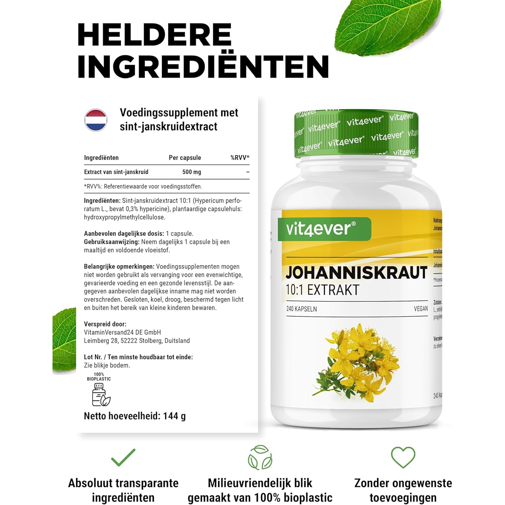 Verpakking en meertalig label van Vit4ever Sint-Janskruid supplement