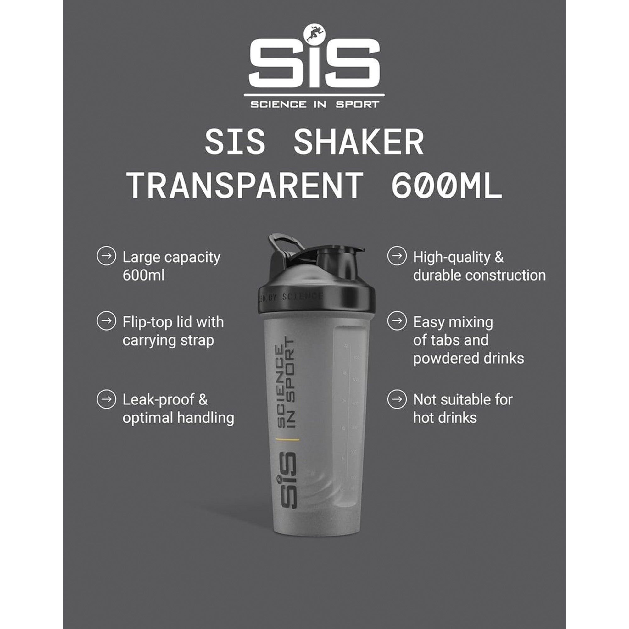 Grafische afbeelding van de transparante SiS‑shaker (600 ml) met opsomming van kenmerken: grote capaciteit, flip‑topdeksel met draagriem, lekvrij en ergonomisch, duurzame constructie, eenvoudig mengen van tabs en poeders en niet geschikt voor warme dranken.