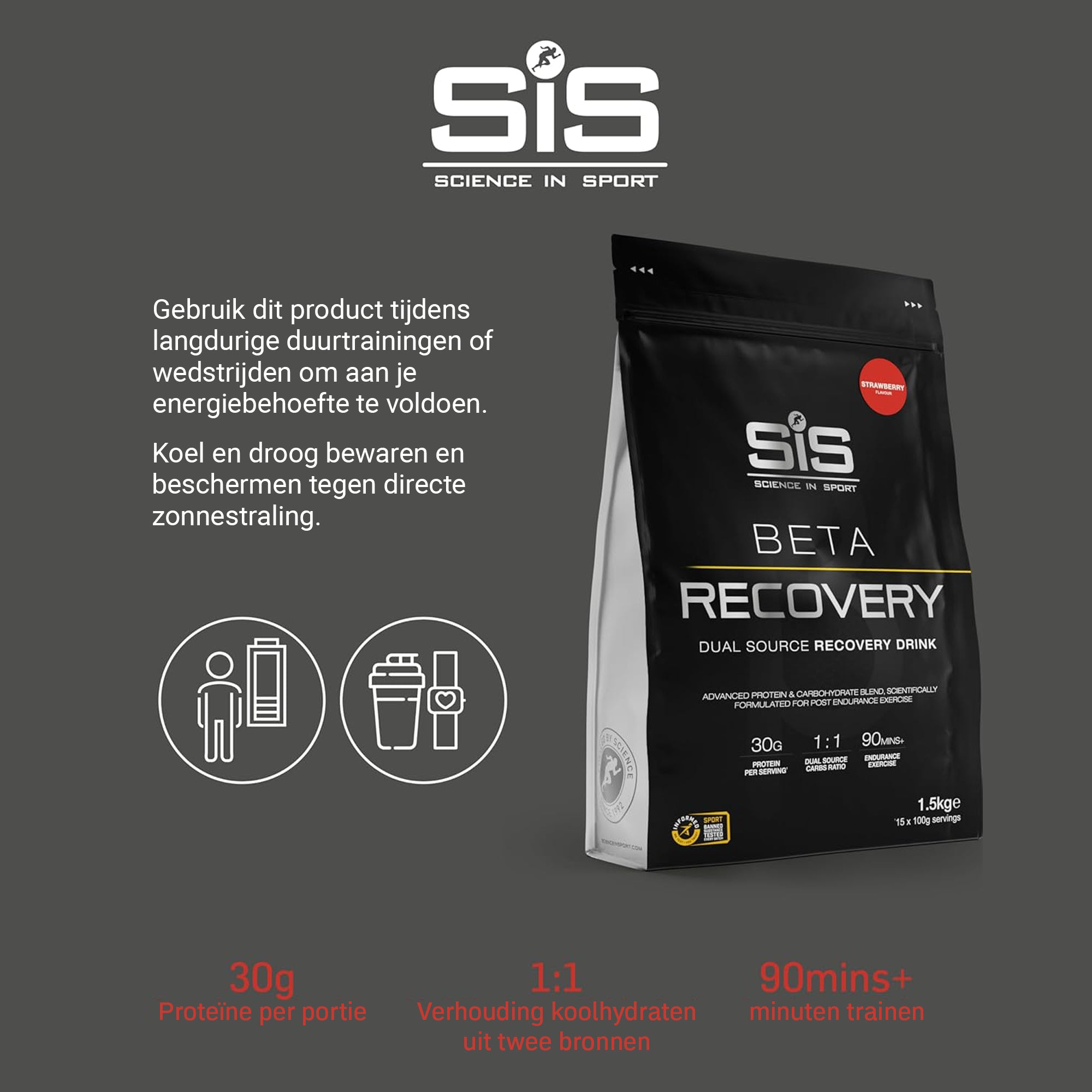 #Inhoud_1500g Gebruiksaanwijzing SiS BETA Recovery Aardbei 1.5kg voor duurtraining met 30g eiwit en 1:1 koolhydraten