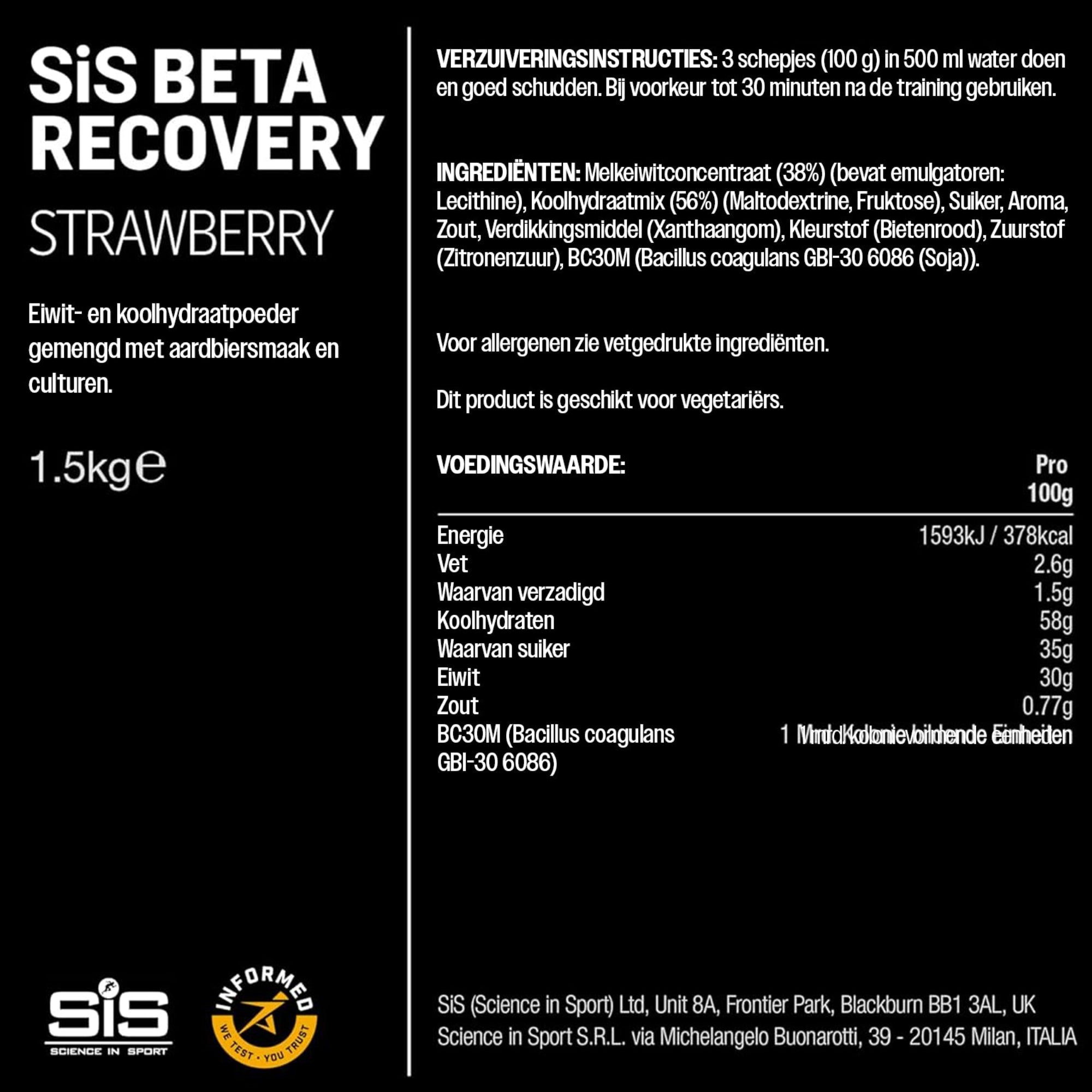 #Inhoud_1500g Voedingswaarden en ingrediënten SiS BETA Recovery Aardbei 1.5kg herstelshake met 30g eiwit per portie