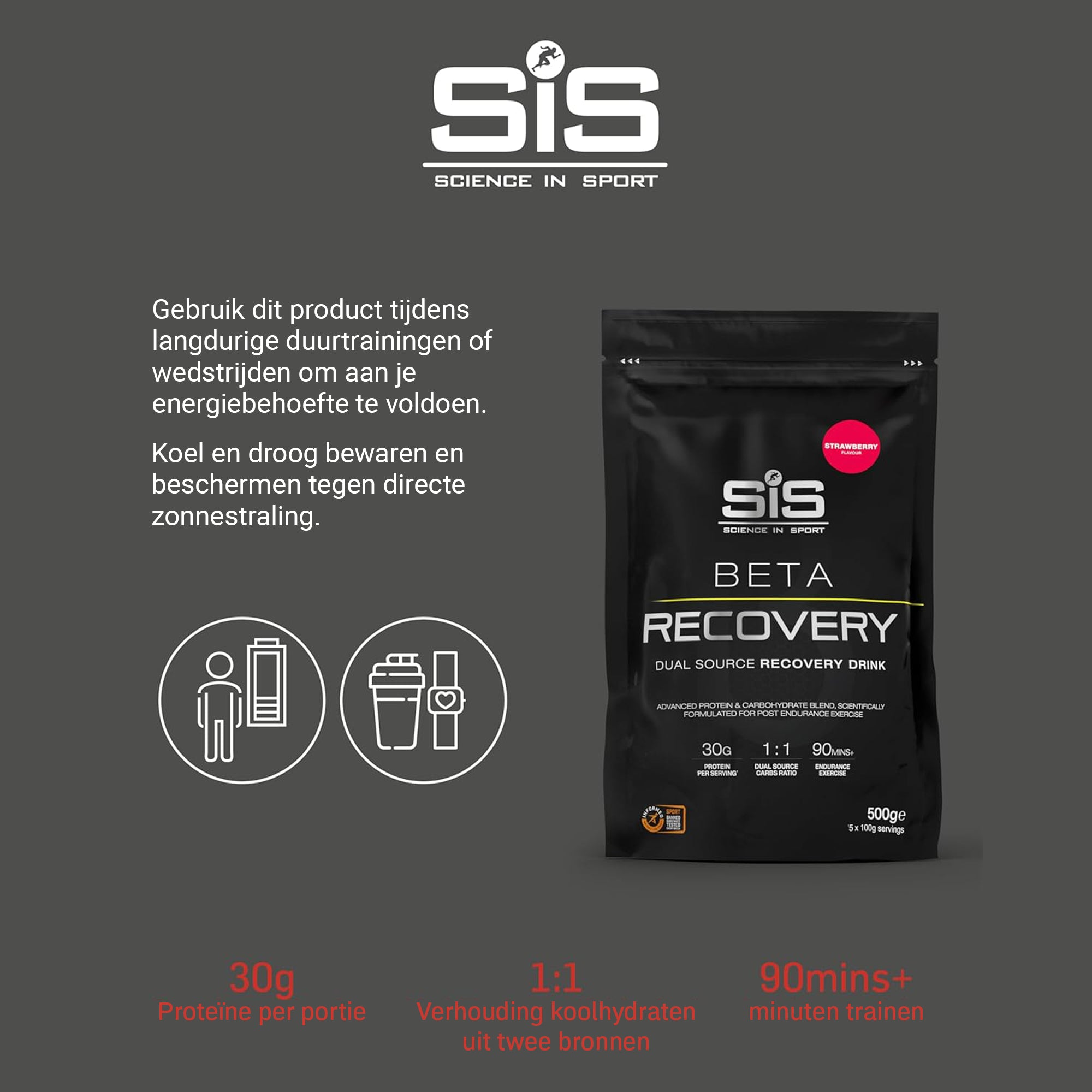 #Inhoud_500g SiS BETA Recovery Aardbei 500g met 60g koolhydraten en 30g wei-eiwit voor compleet spierherstel